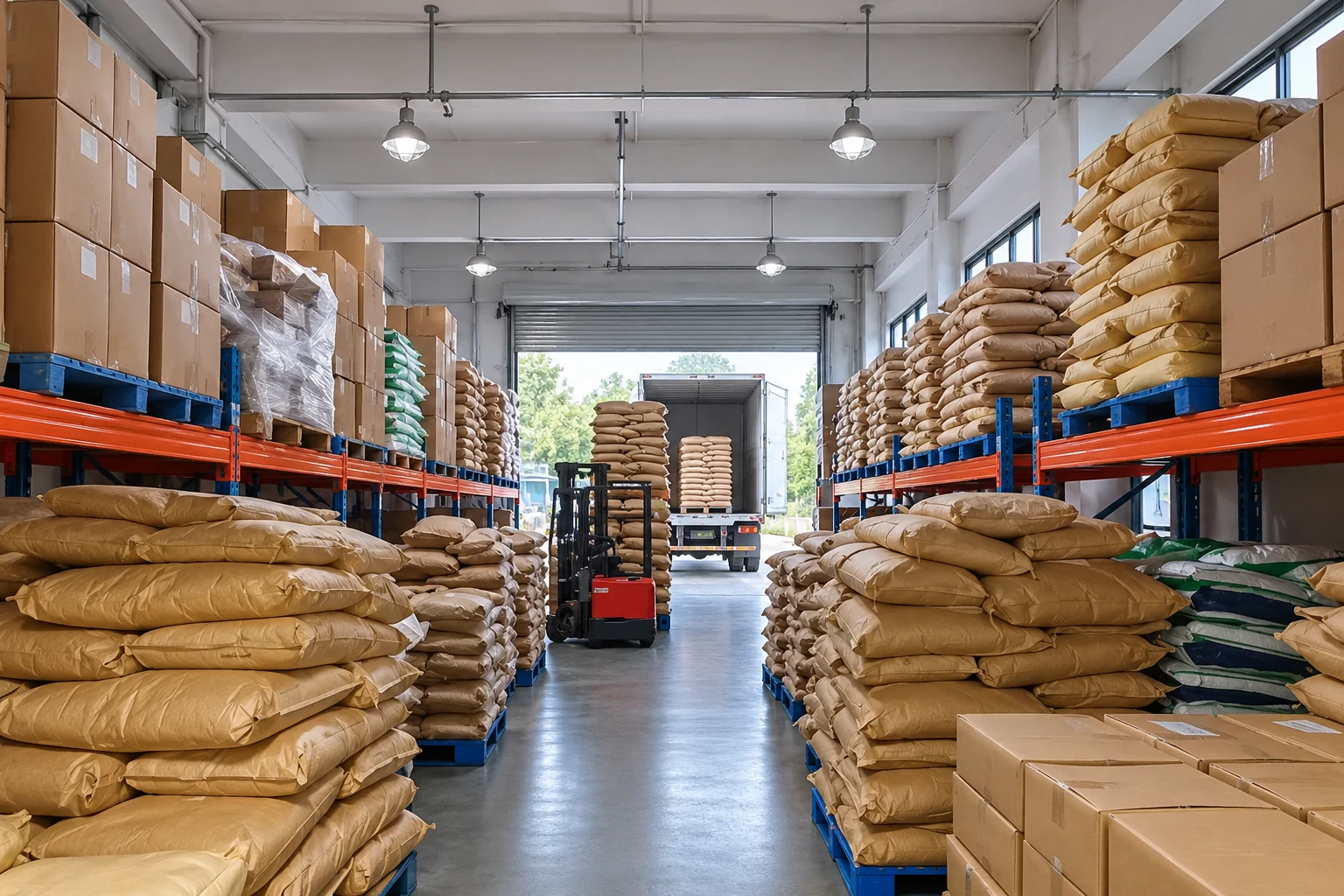 Warehouse sacks and cartons illustrating incoming material traceability