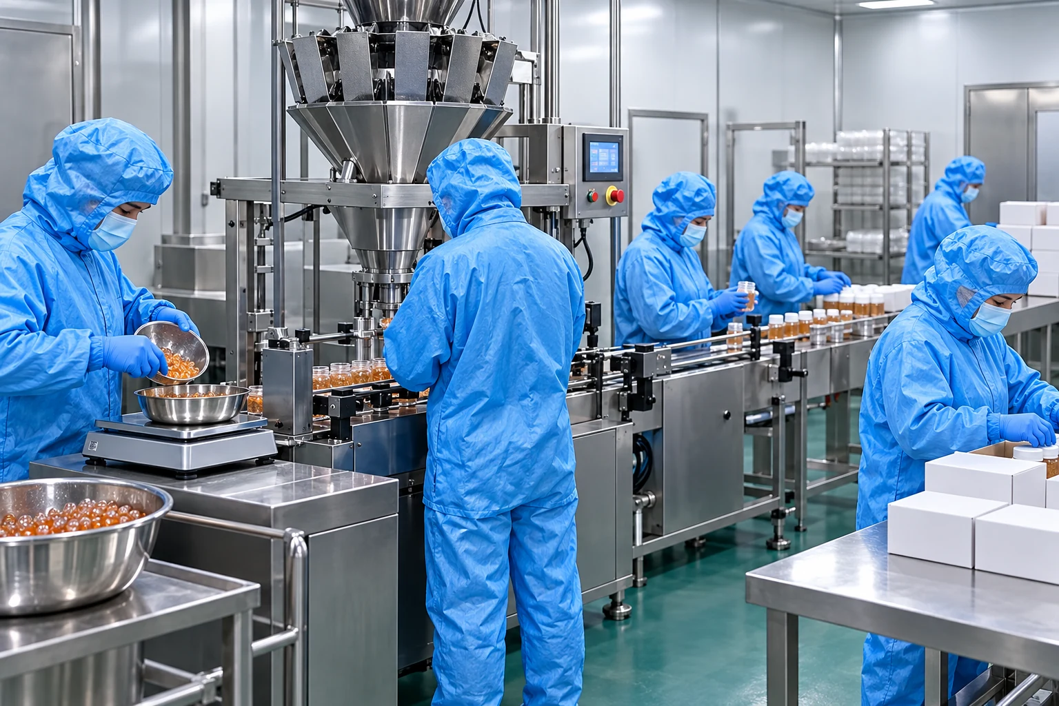 Blue-gowned staff beside stainless production equipment