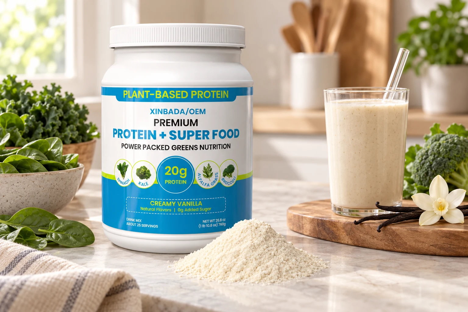 White labelled plant protein plus superfood jar with a pale powder heap