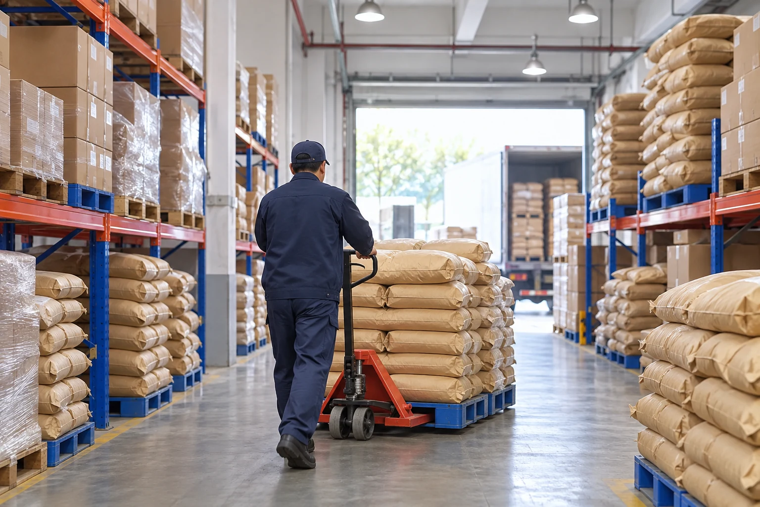 Warehouse worker moving sacks among stored cartons
