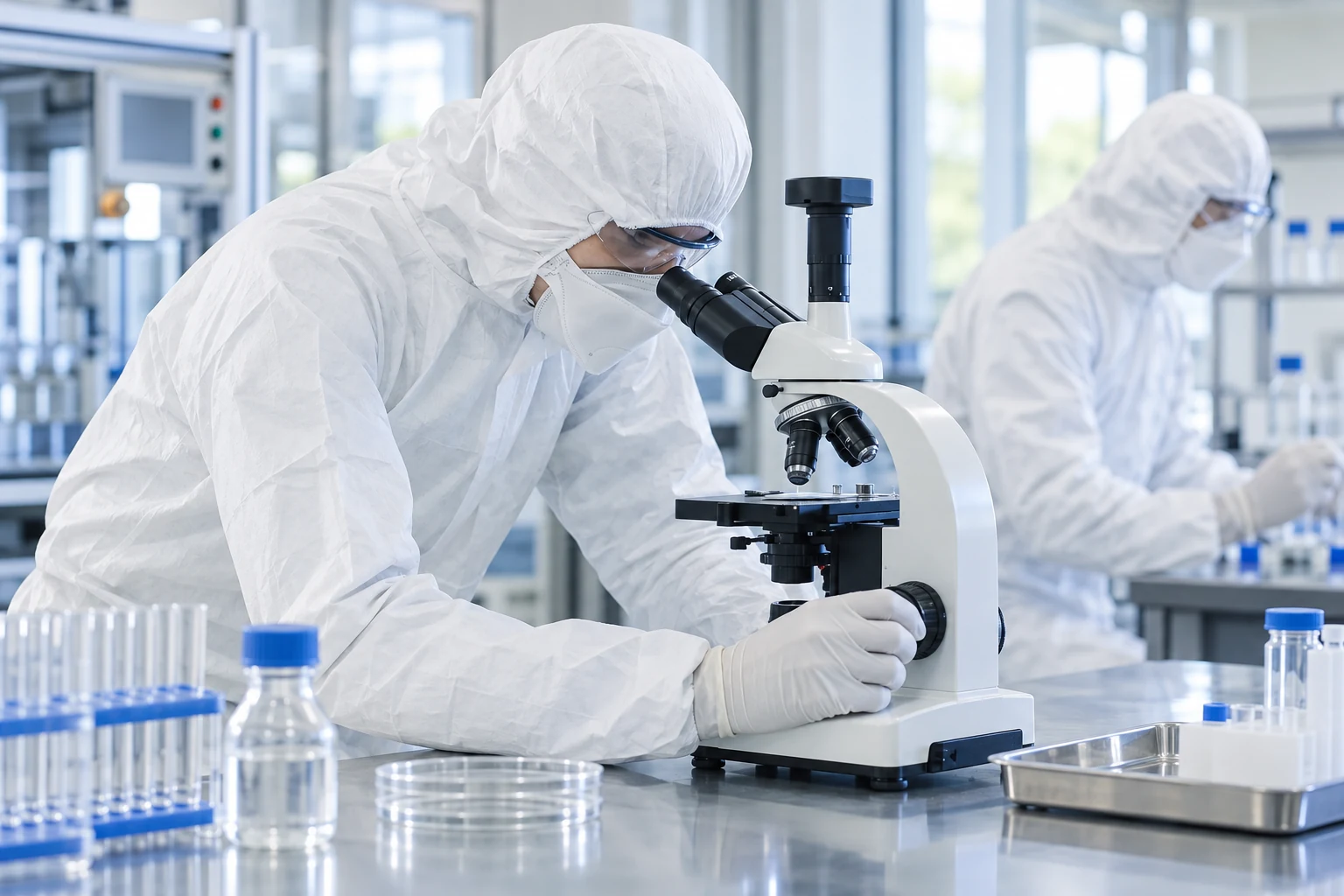 Masked laboratory staff examining material with a microscope