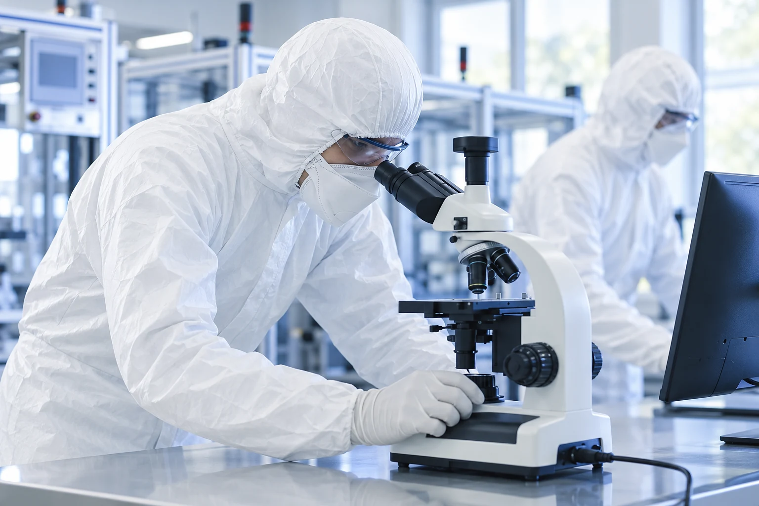 Masked laboratory staff using a microscope for a formula evaluation illustration