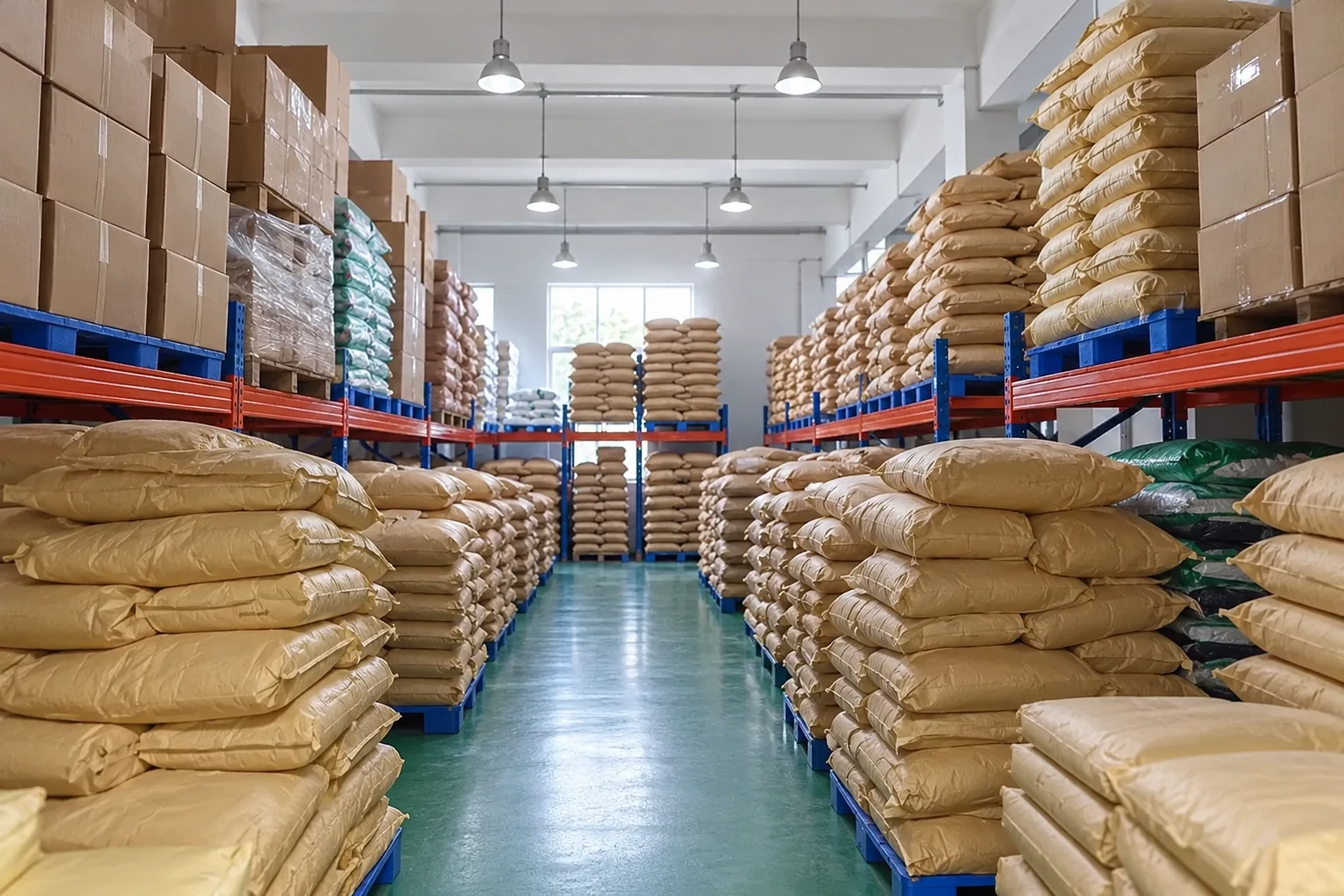 Sacks and cartons arranged in a warehouse aisle illustrating batch traceability