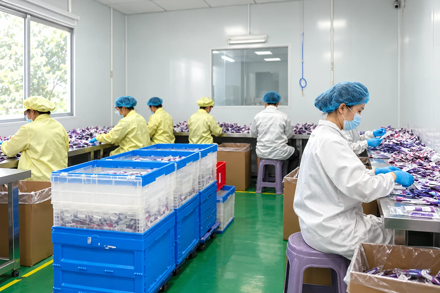 Cleanroom staff reviewing packaged material at worktables