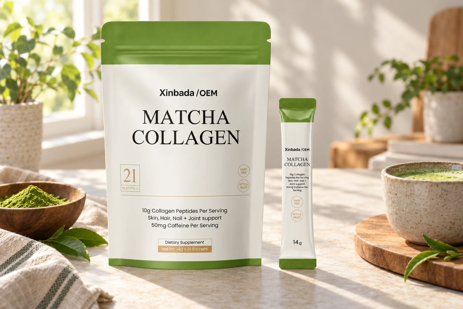 MATCHA COLLAGEN pouch and 14g sachet illustrating an approved packaging format