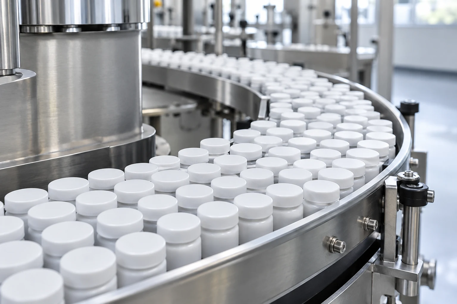 Capped white containers along a filling conveyor