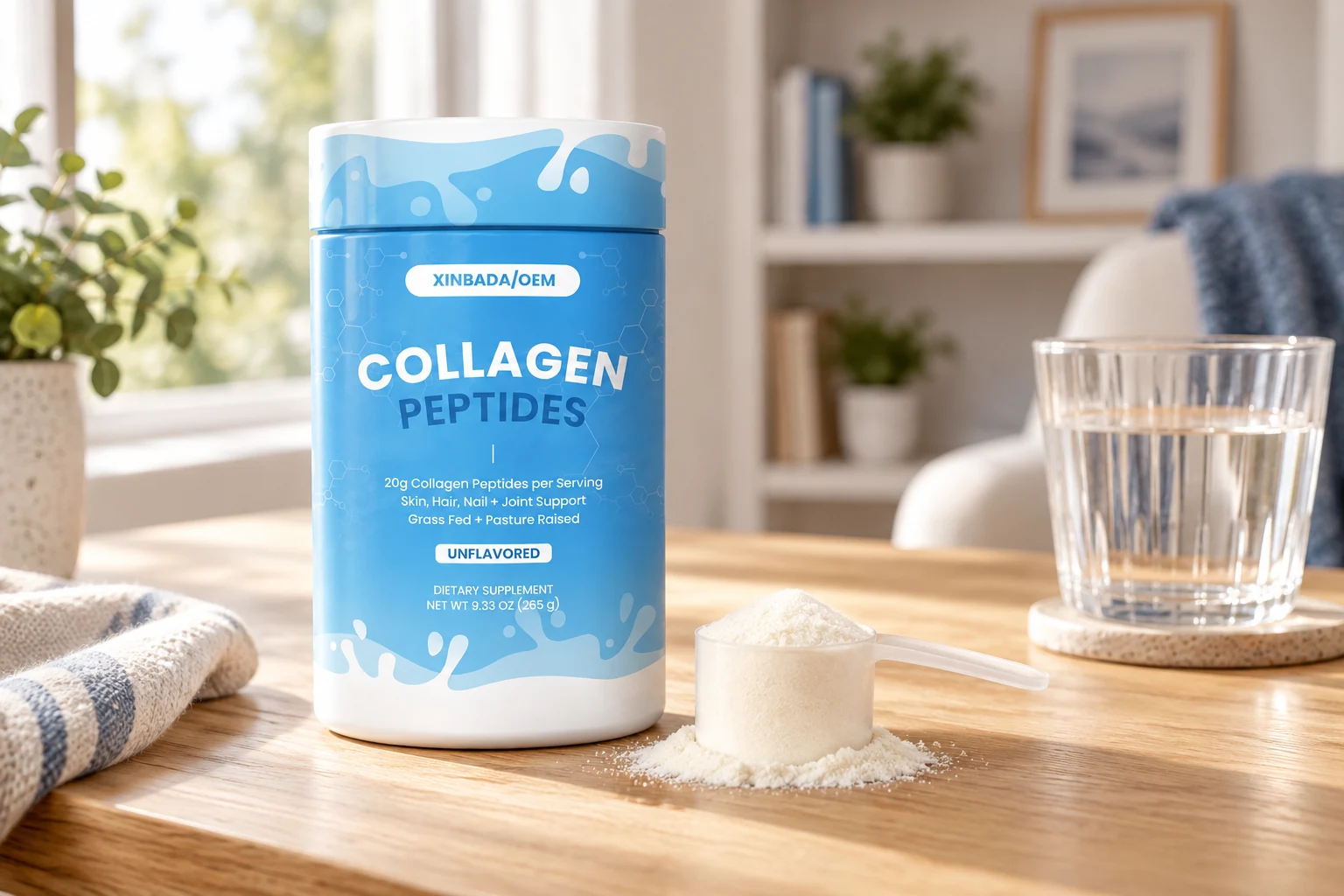 Blue and white collagen protein container illustrating an alternative jar format
