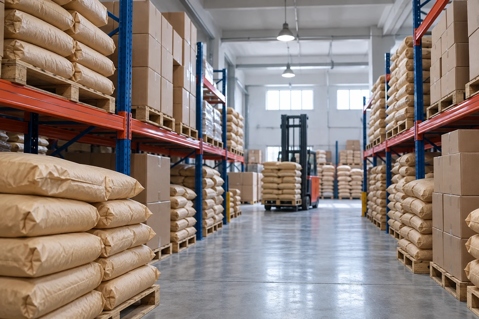 Sacks and cartons stored in warehouse racks