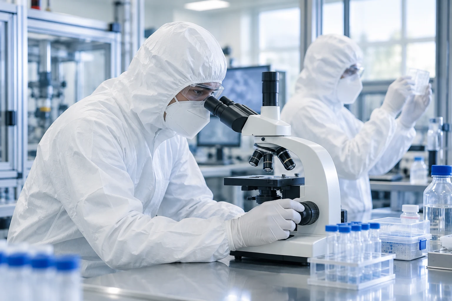 Laboratory staff using a microscope in an illustrative quality review scene