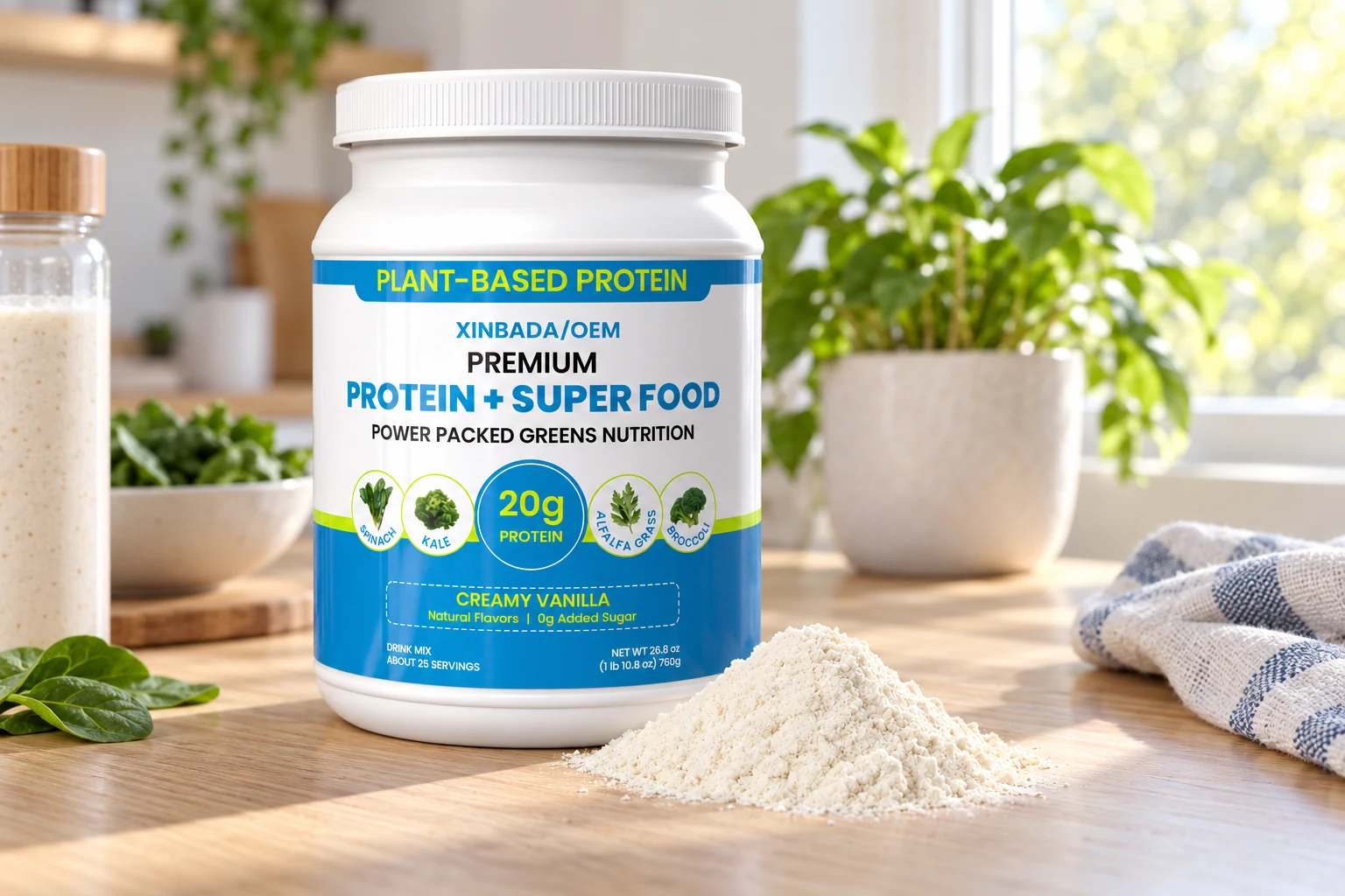 White plant protein jar with its blue-green label and loose cream powder