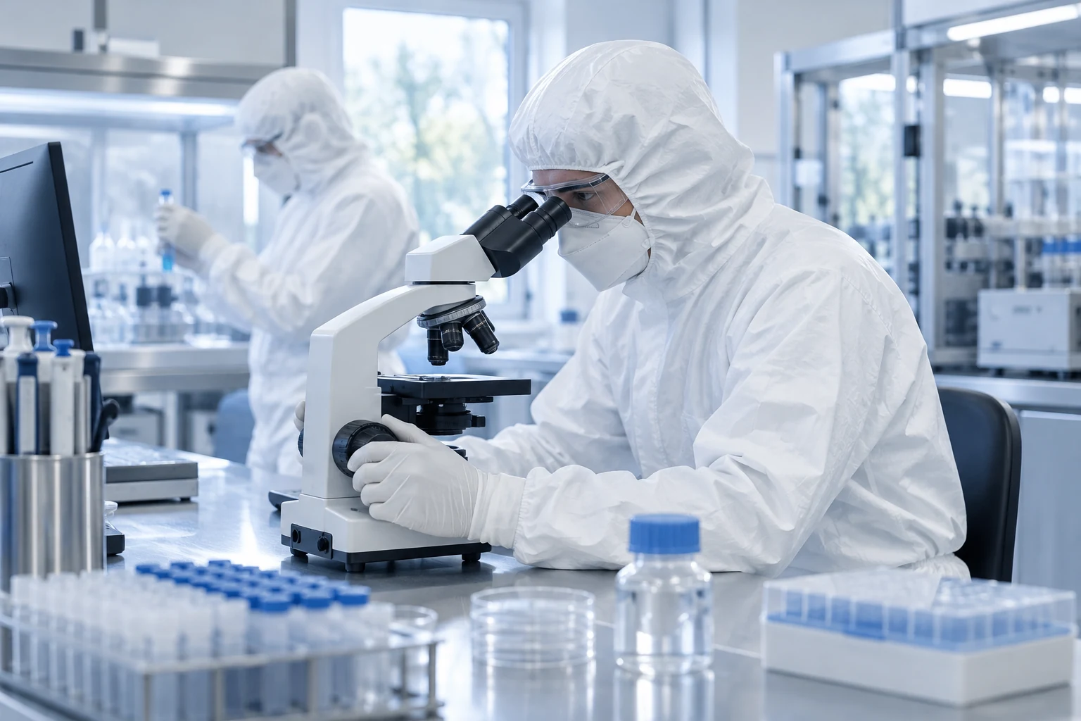 Laboratory staff examining a microscope in an illustrative quality review scene