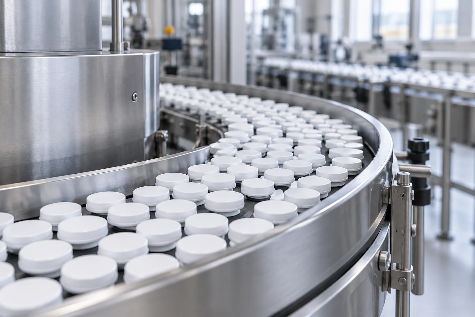 Capped white containers moving along a production conveyor