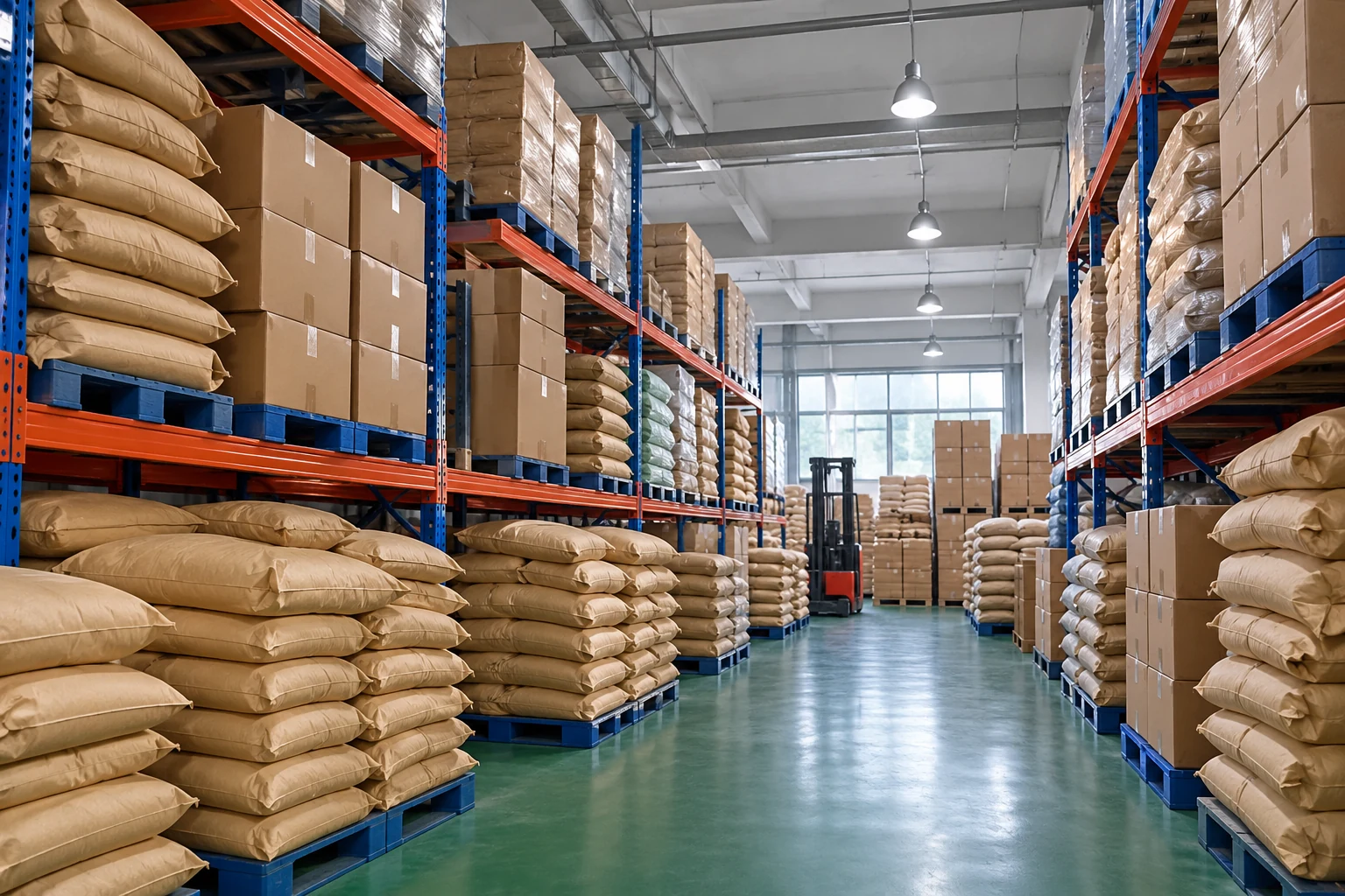 Sacks and cartons stored on warehouse racks