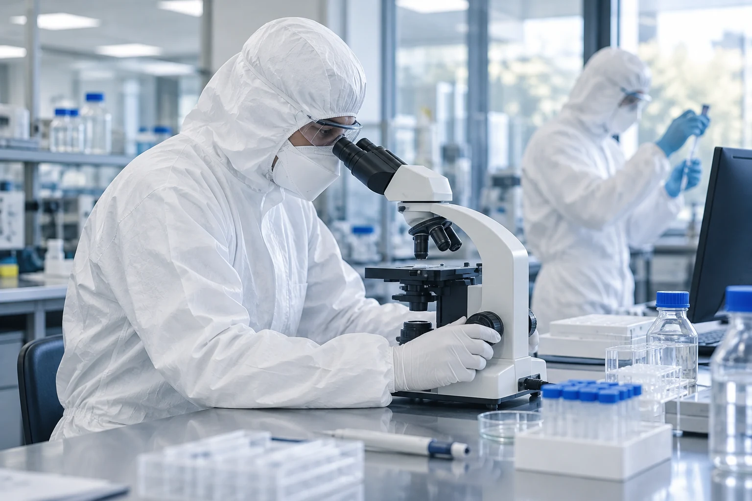 Laboratory staff using a microscope