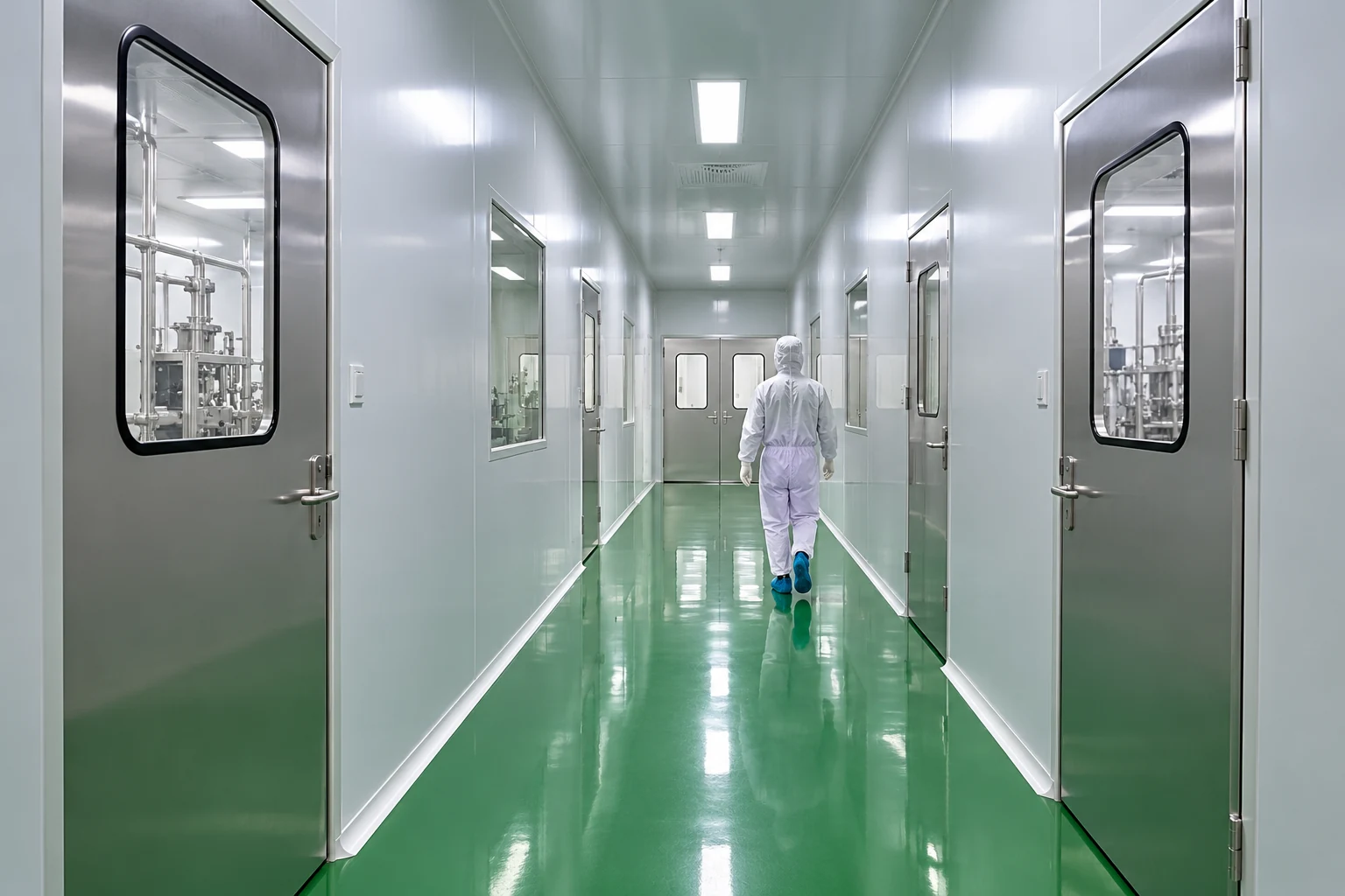 Illustrative manufacturing corridor with closed doors