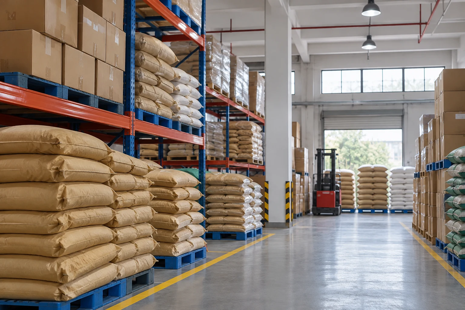 Sacks and cartons on warehouse storage racks