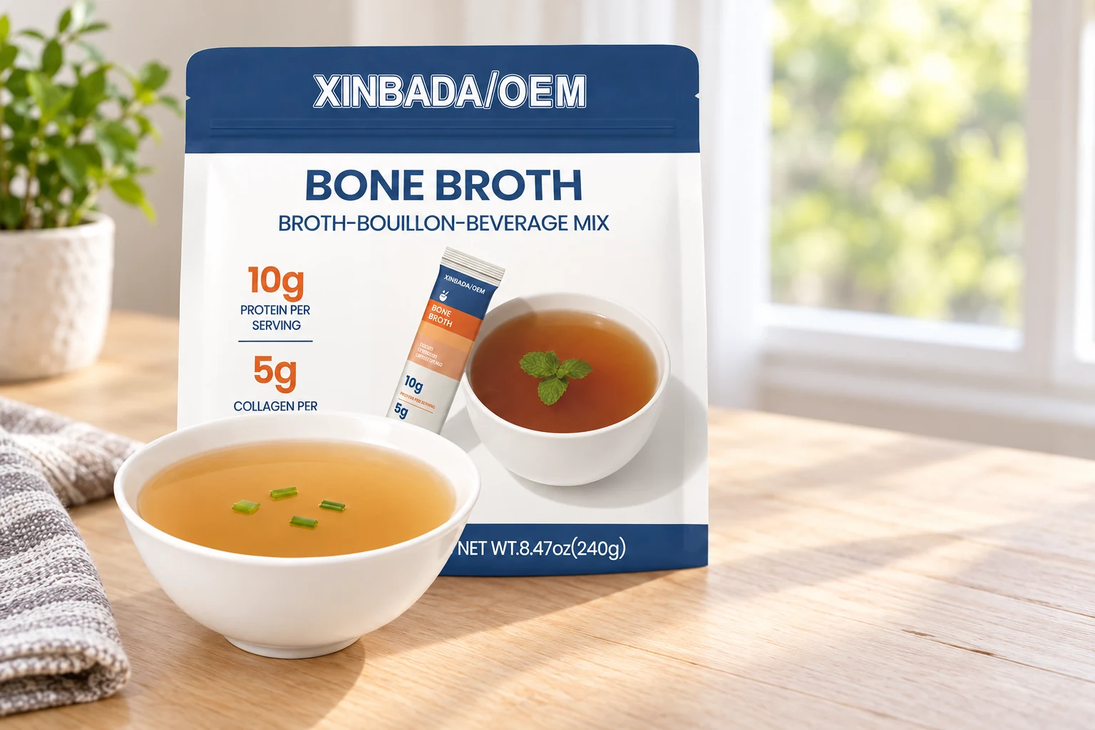 Blue and white bone broth pouch with original label and bowl of broth