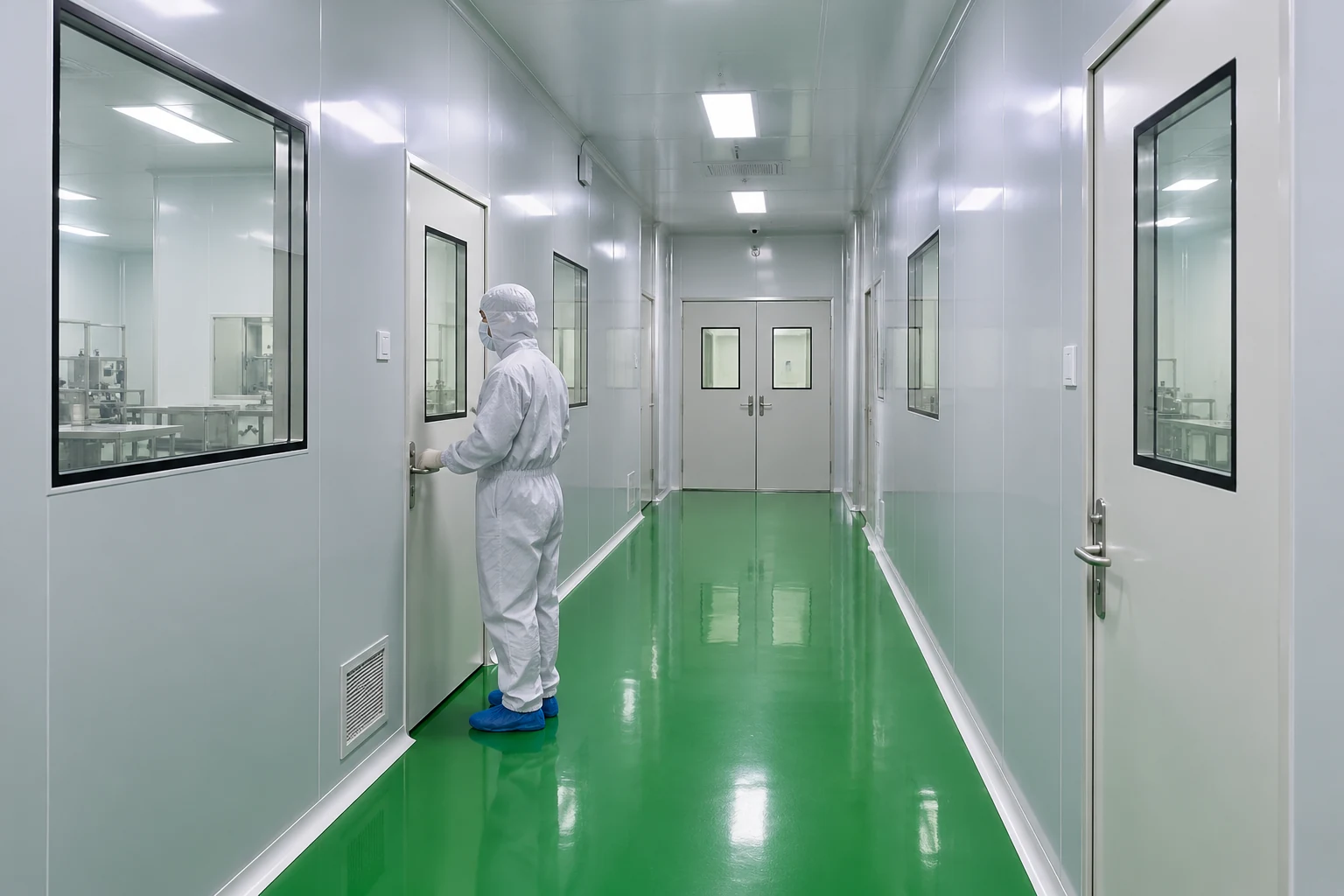 Protected production corridor with controlled room entrances
