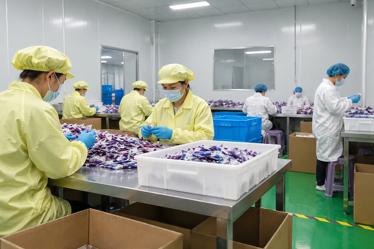 Staff handling finished packages at clean worktables