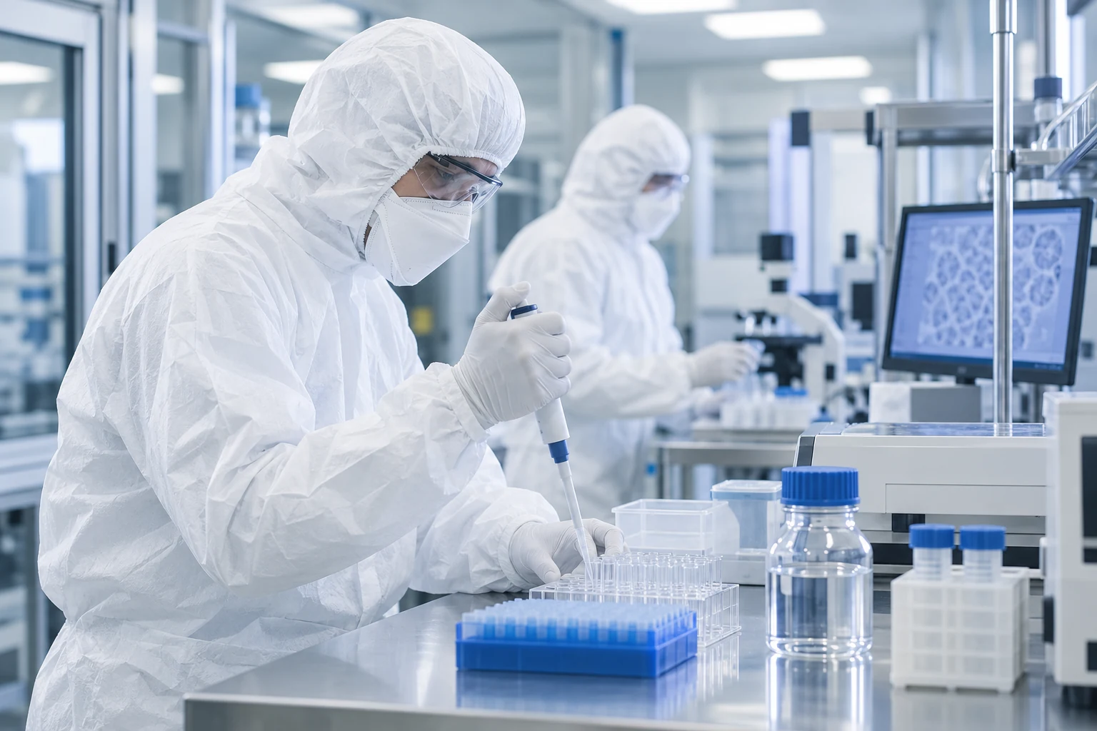Protected laboratory staff using pipettes and bench instruments during an illustrative evidence review