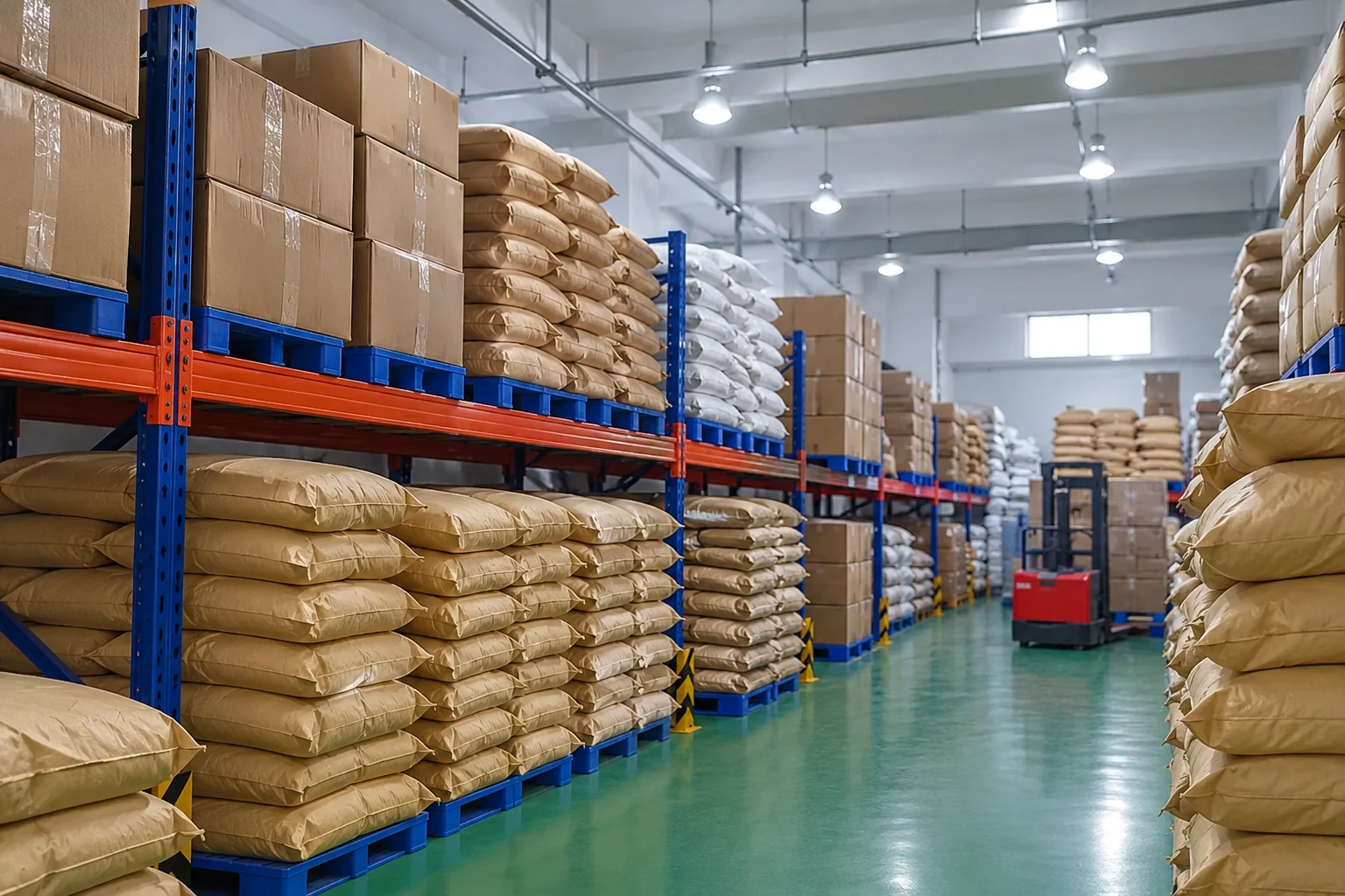 Sacks and cartons on warehouse racks with a clear central aisle