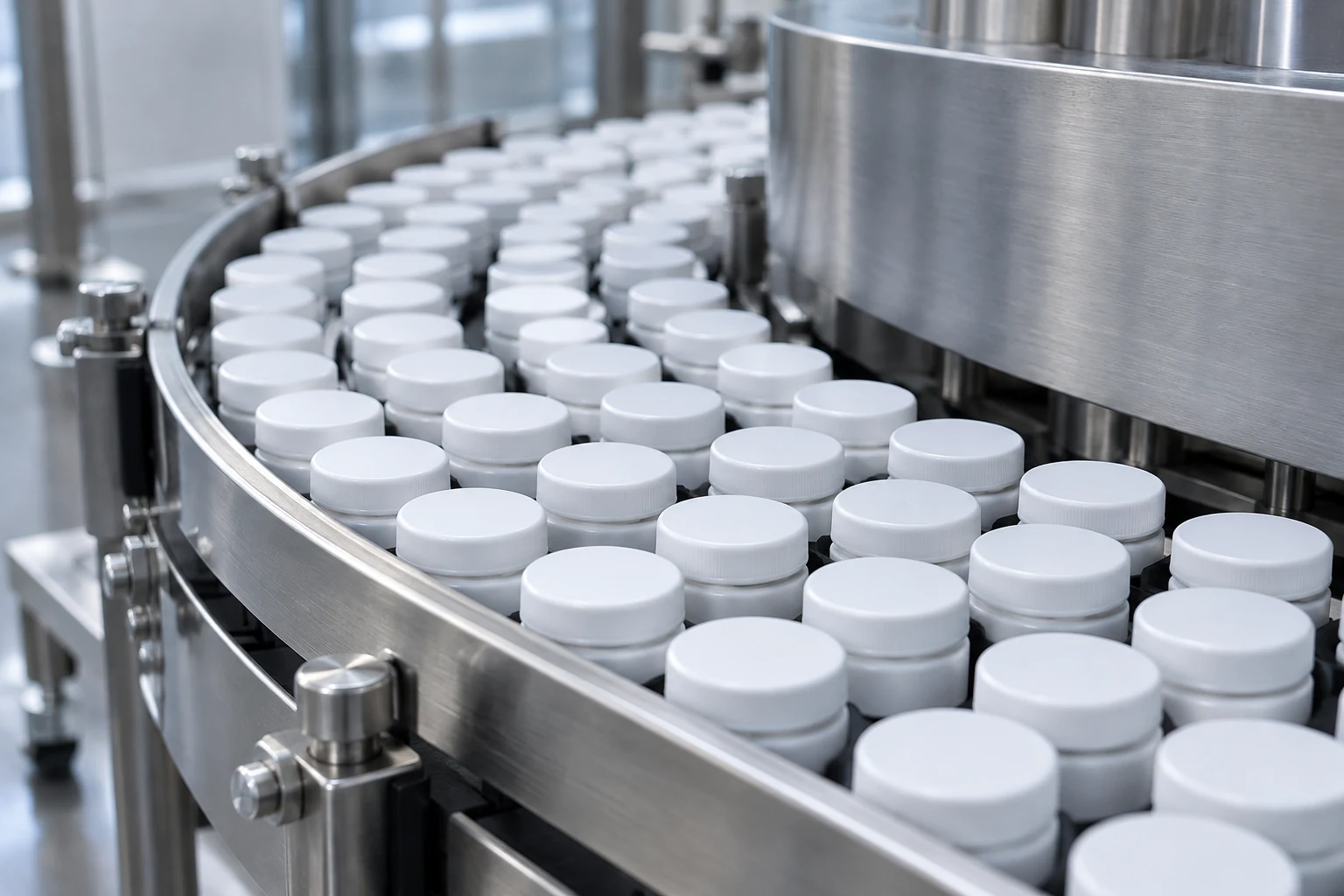 Plain capped containers moving along a packaging conveyor