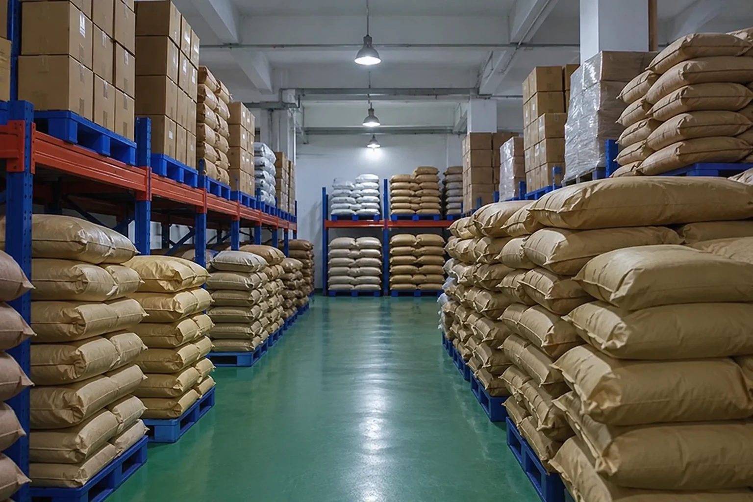 Segregated sacks and cartons on warehouse racks