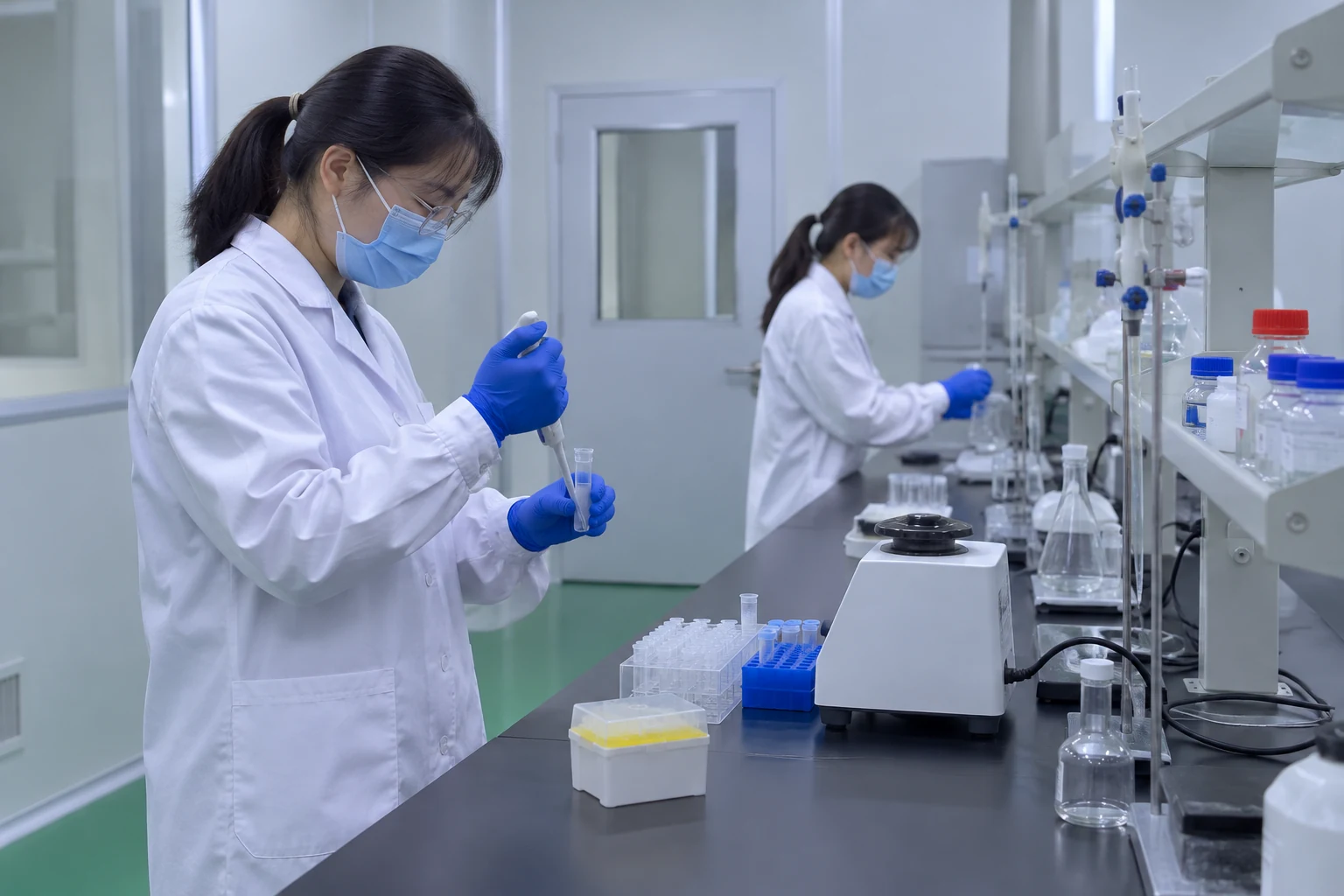 Protected laboratory staff reviewing analytical work at a bench
