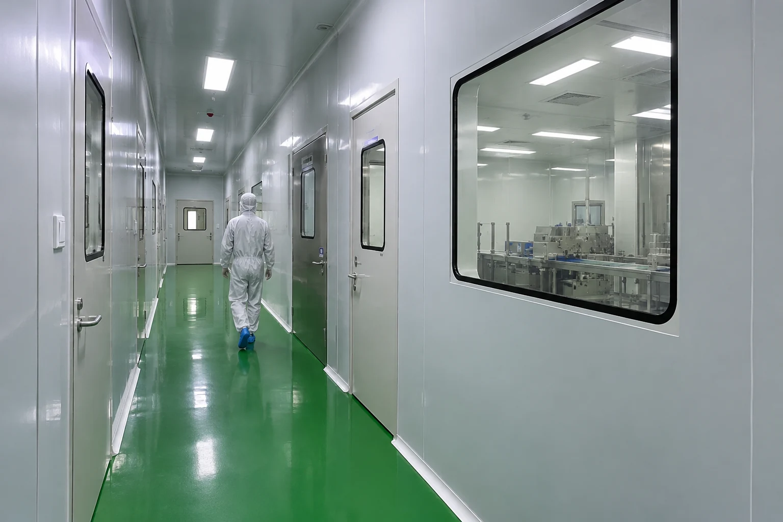 Controlled production corridor with clean room entrances