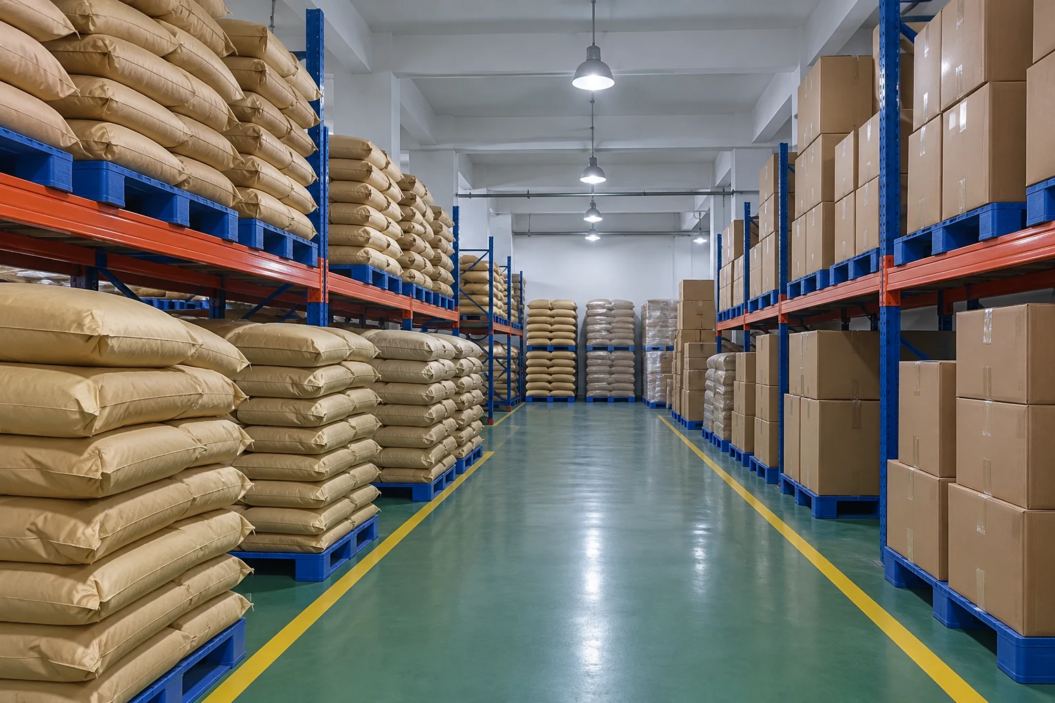 Sacks and cartons stored on separate warehouse racks beside a clear aisle