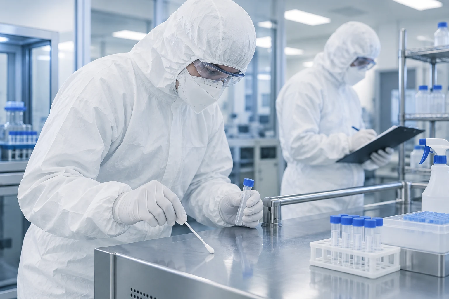 Protected laboratory personnel taking a surface swab for an illustrative review
