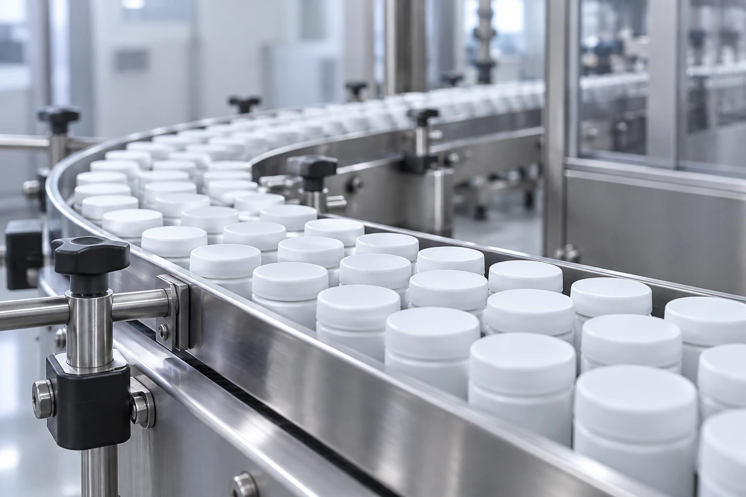 Plain capped containers moving through an illustrative packaging conveyor