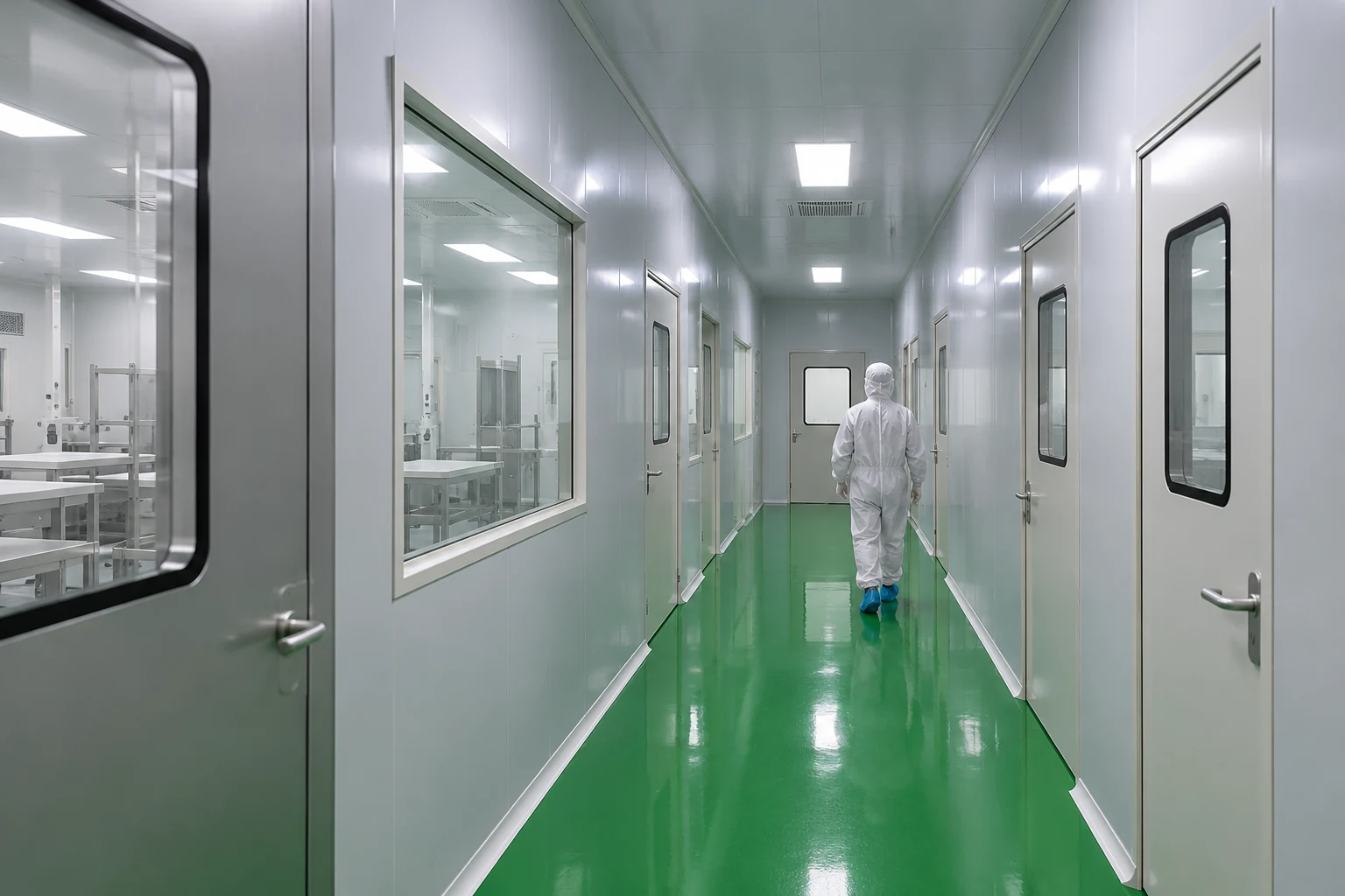 Controlled facility corridor with separate doors and viewing windows