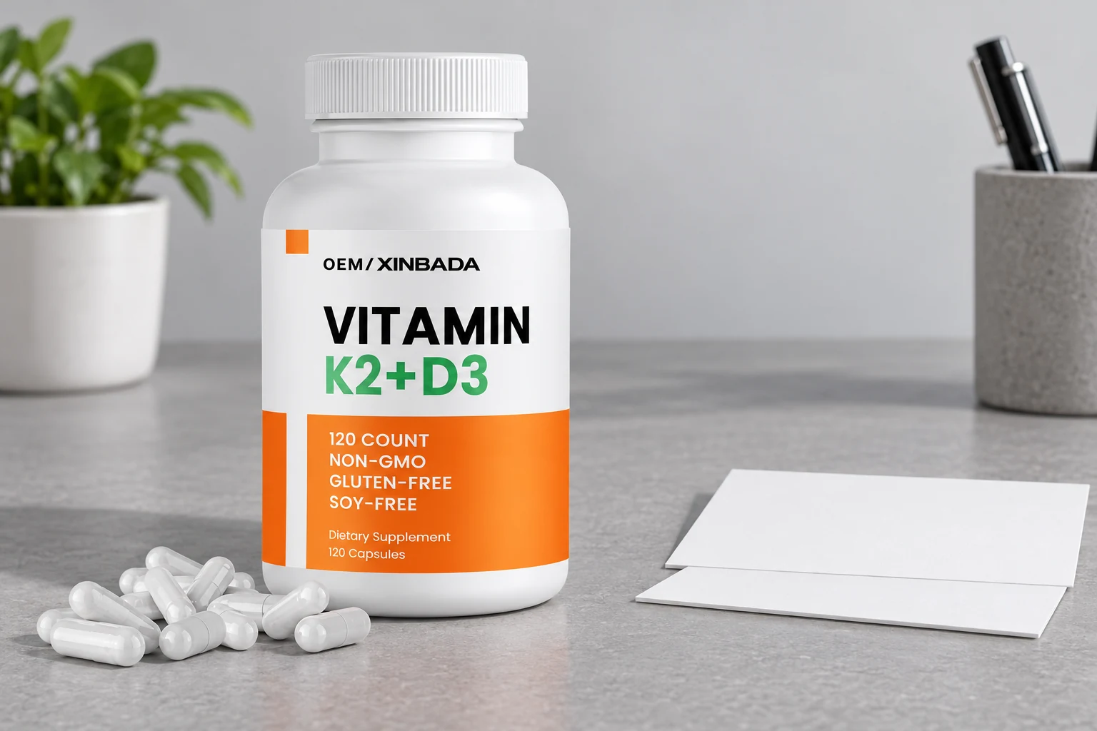 Illustrative review setting with a white vitamin K2 and D3 bottle and loose capsules