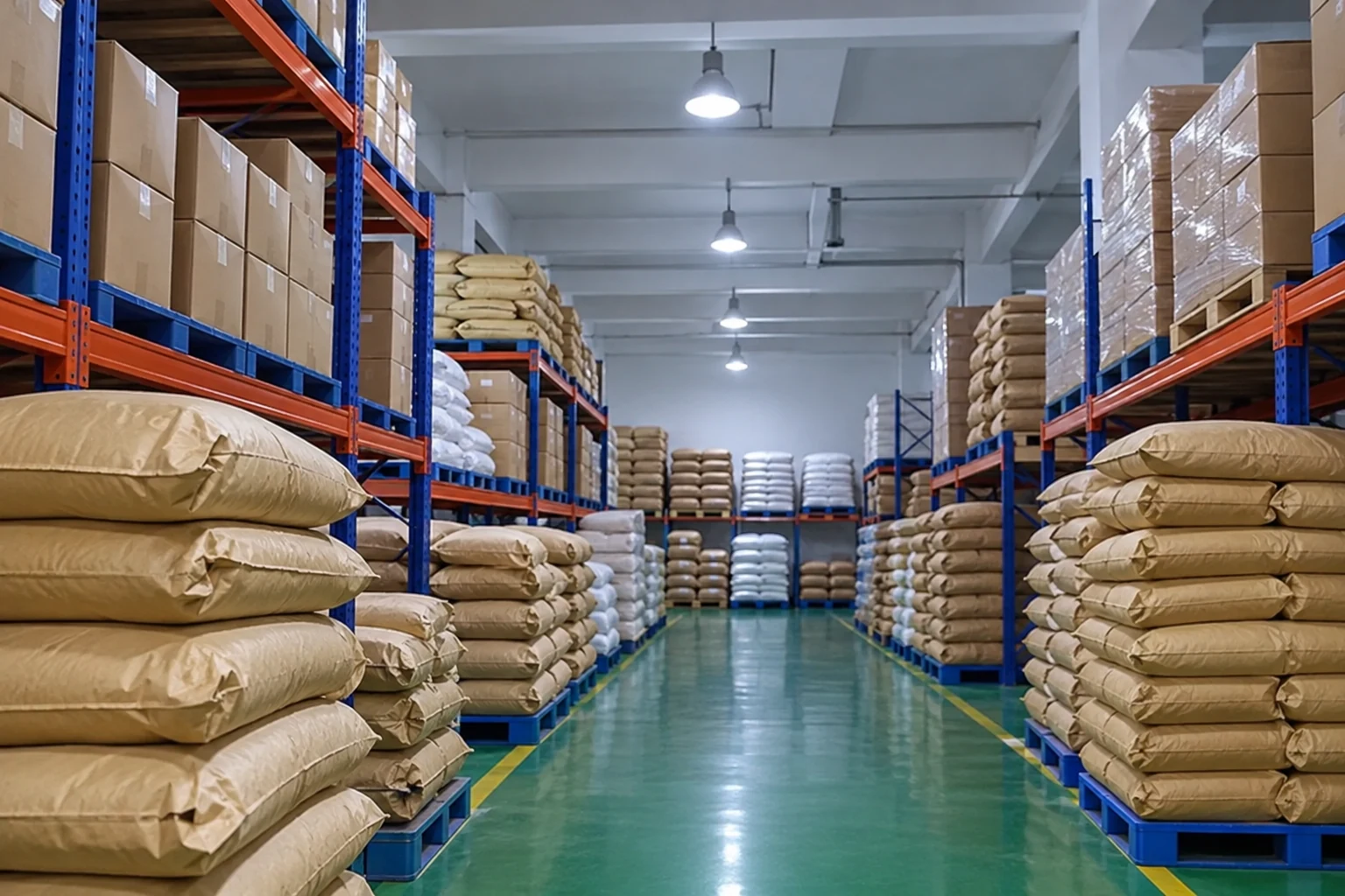 Illustrative warehouse aisle with bags and cartons arranged on storage racks