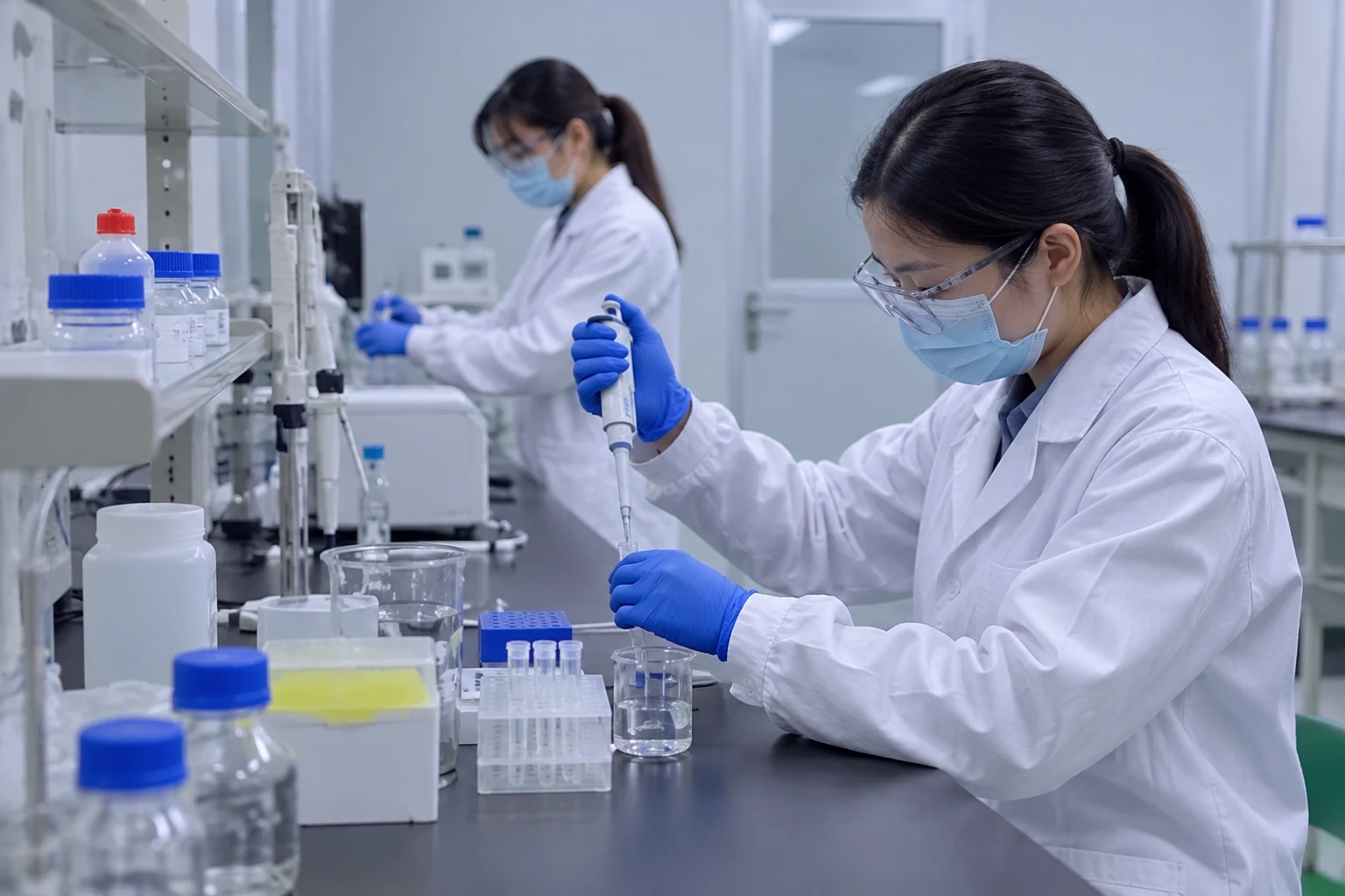 Illustrative laboratory scene with protected staff reviewing samples at a bench