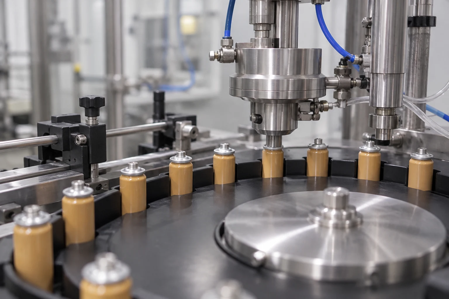 Illustrative production station with small cylindrical containers moving through equipment