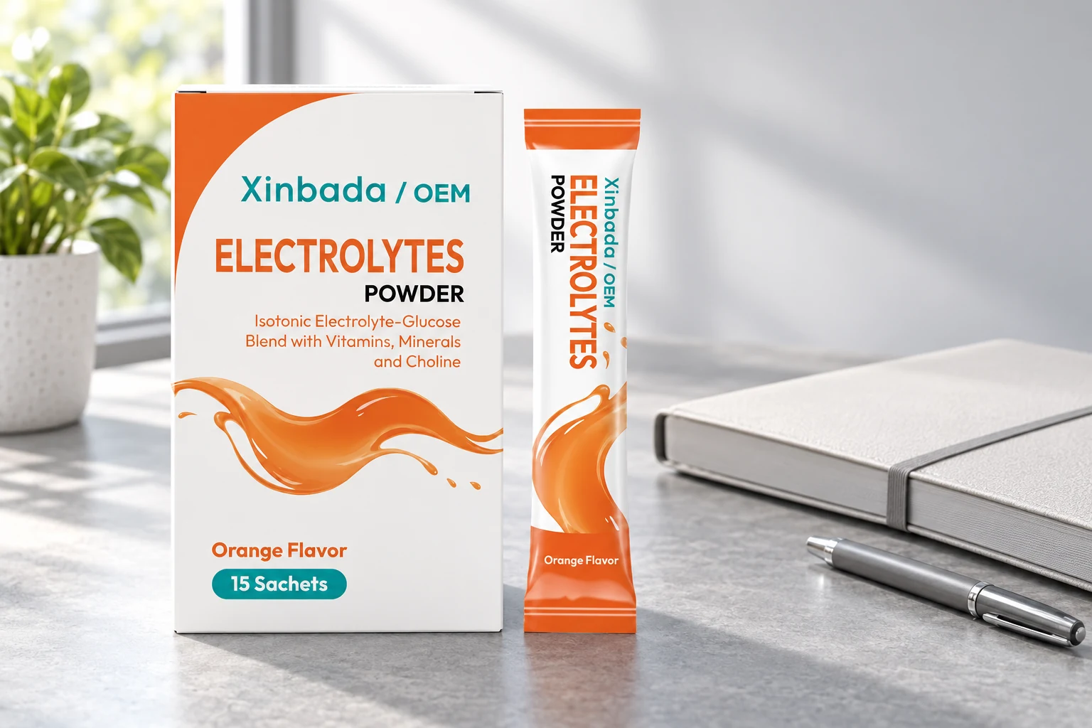 Xinbada orange electrolyte powder box and sachet used as a packaging version example