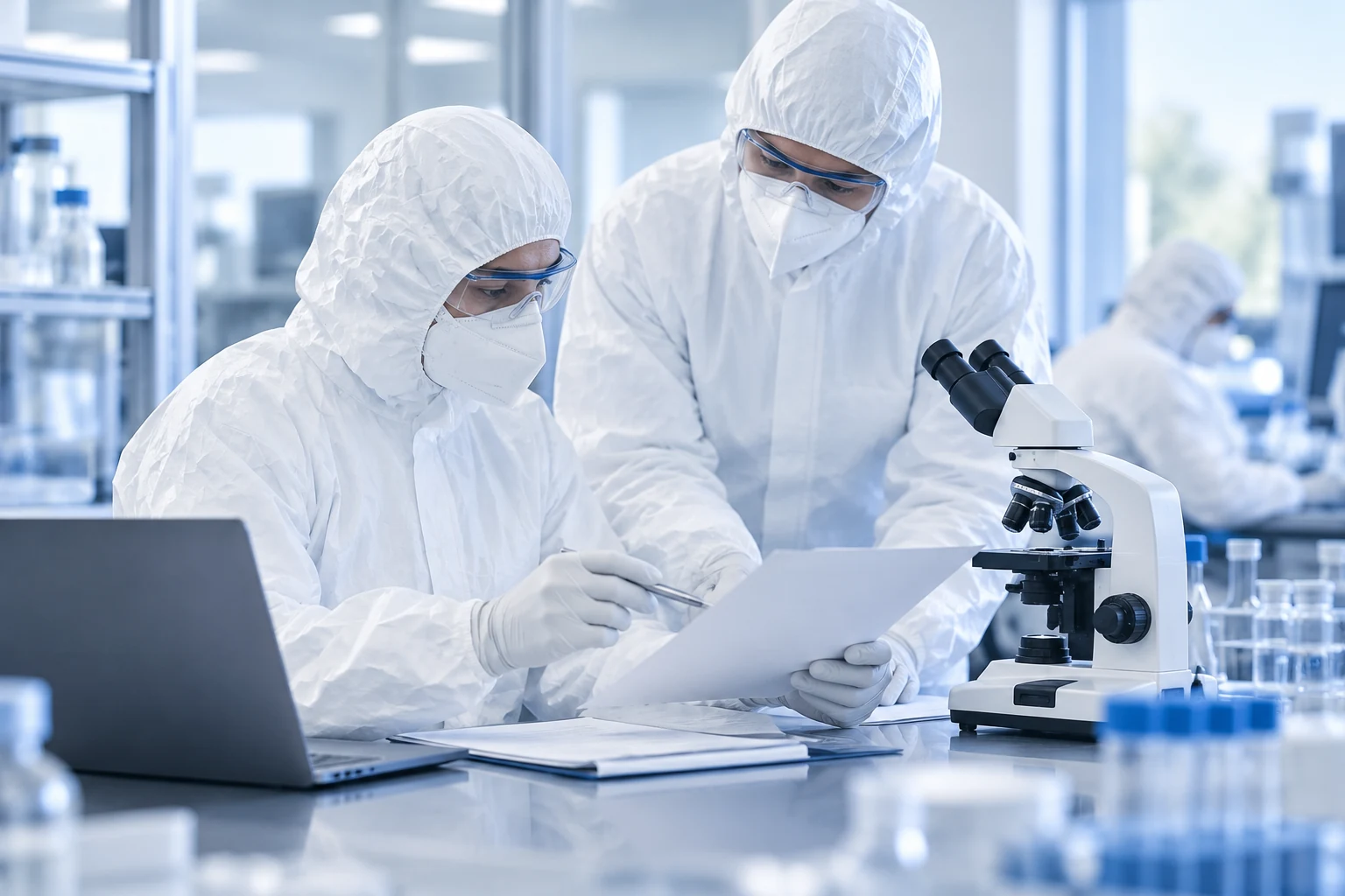 Laboratory staff reviewing documents beside a microscope in an illustrative quality review scene