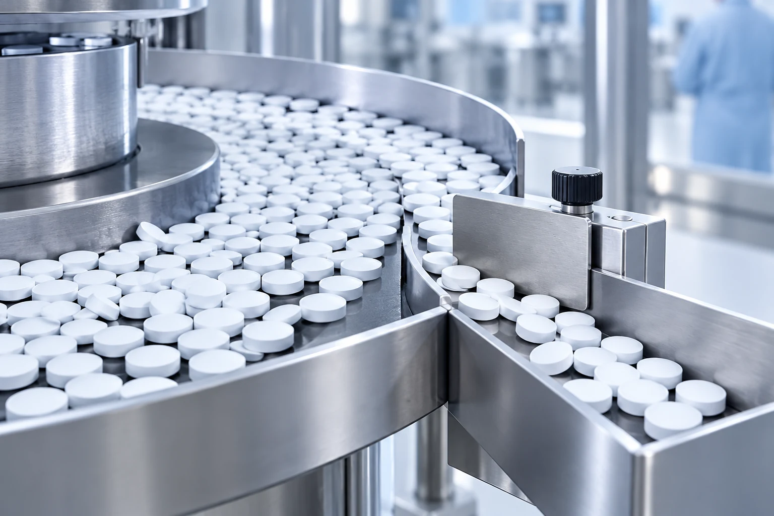 White tablets moving through a circular production tray in an illustrative manufacturing scene