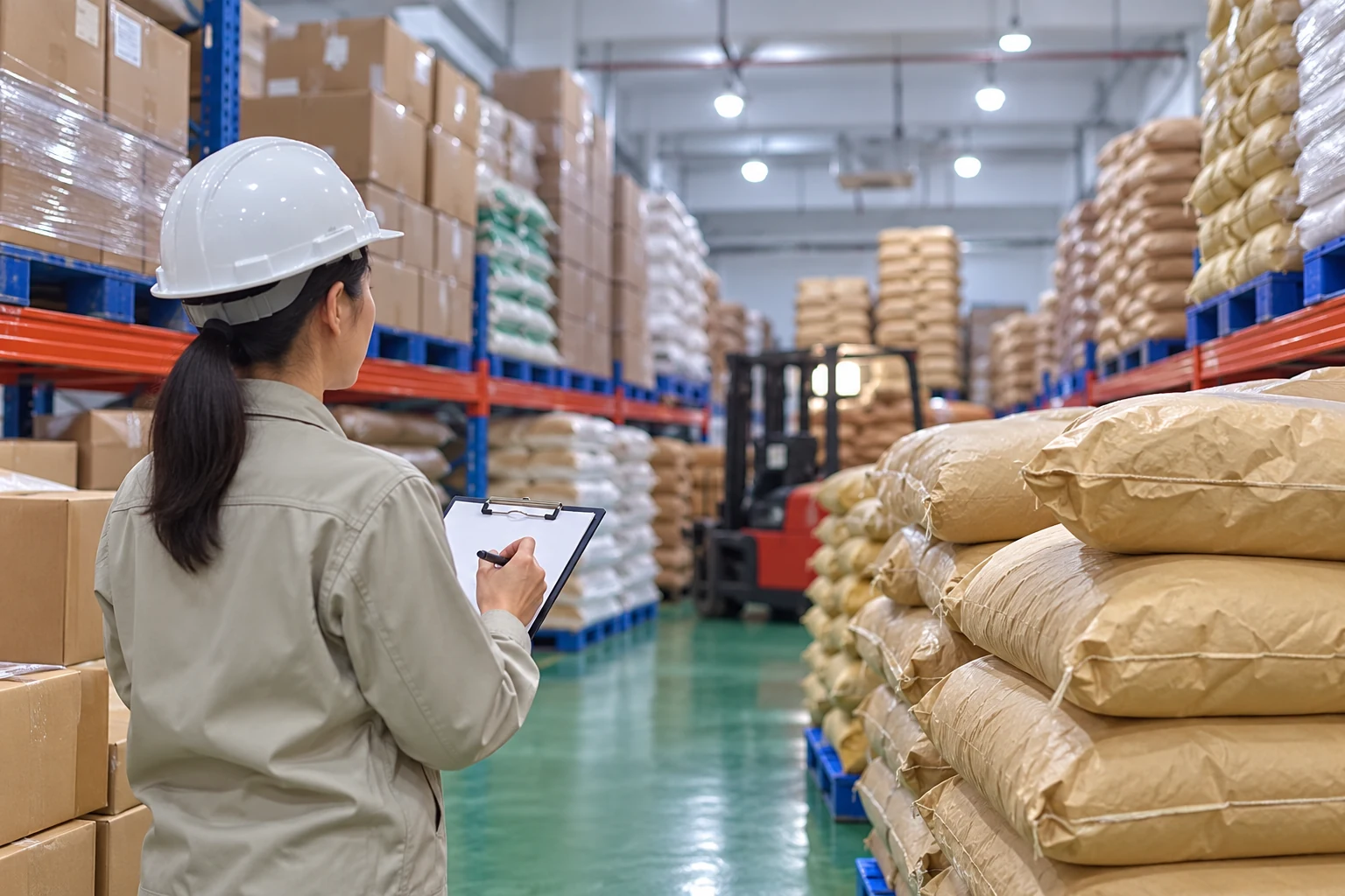 Warehouse worker checking ingredient sacks and cartons against a blank record
