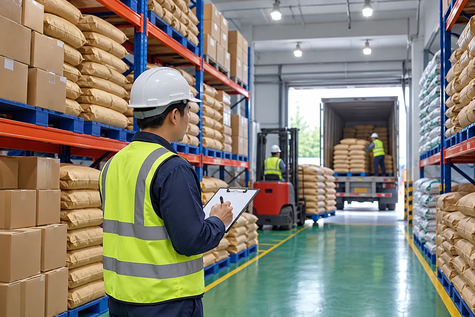 Illustrative warehouse traceability review of stored bags and cartons