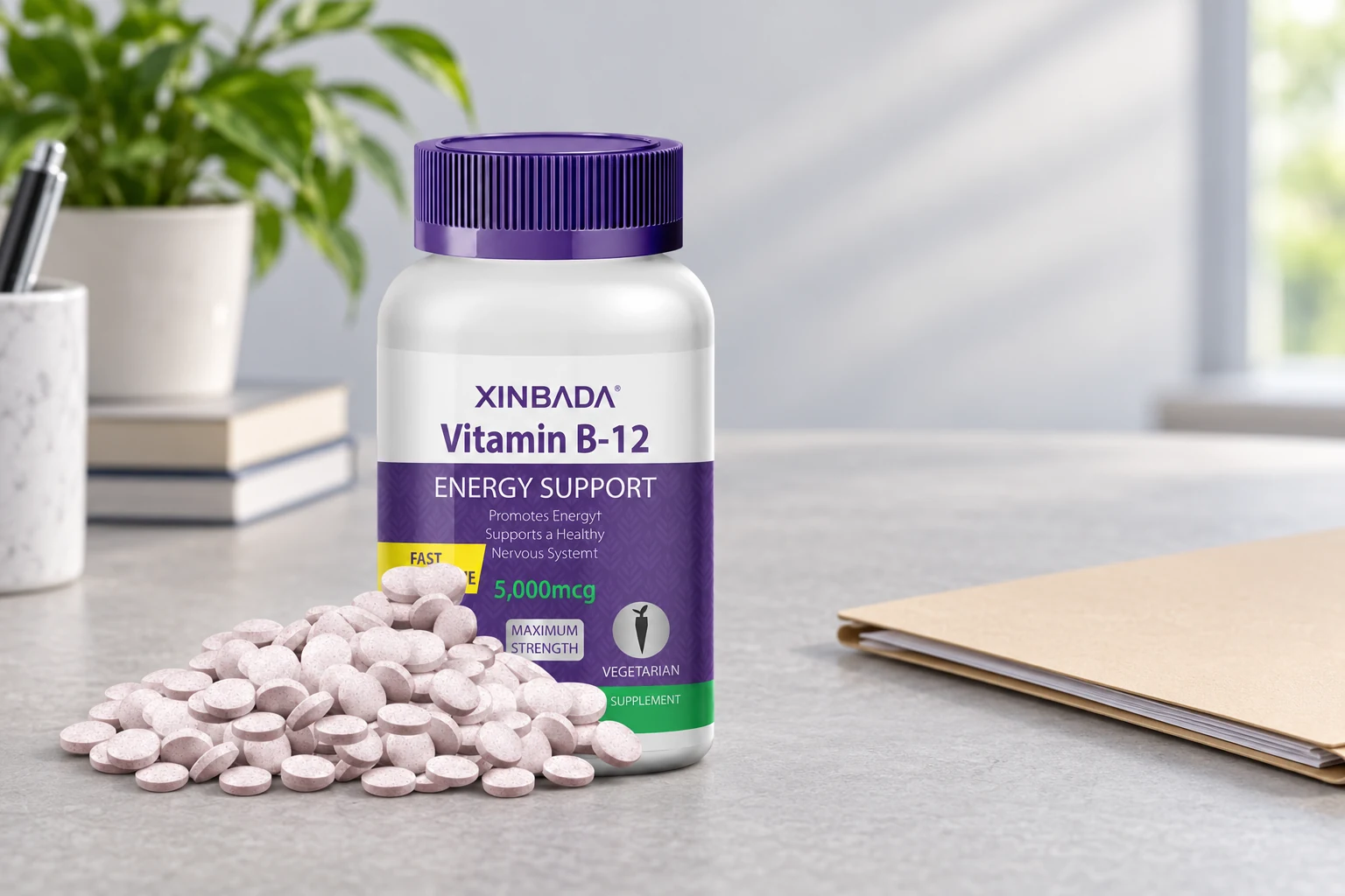XINBADA Vitamin B12 bottle and tablets used as an illustrative product identity example