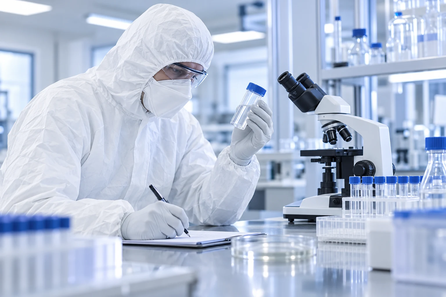 Illustrative laboratory review of a sample beside a microscope