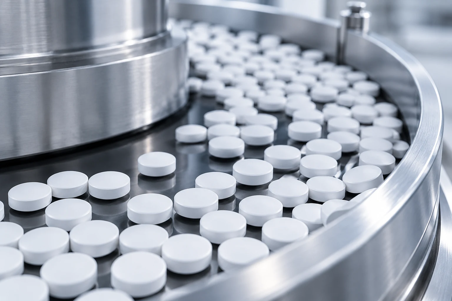 White round tablets on a circular production surface