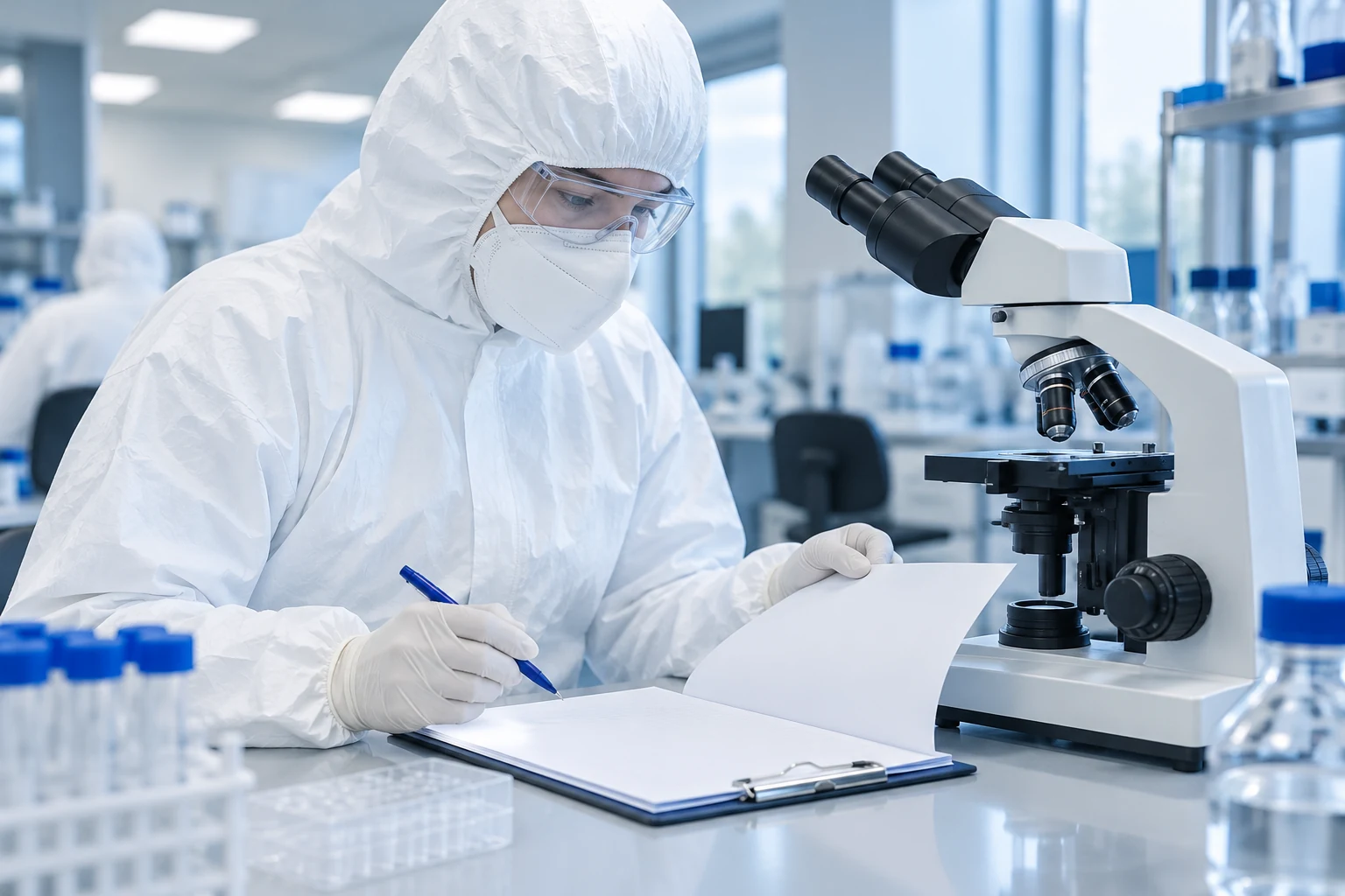 Laboratory technician recording observations beside a microscope