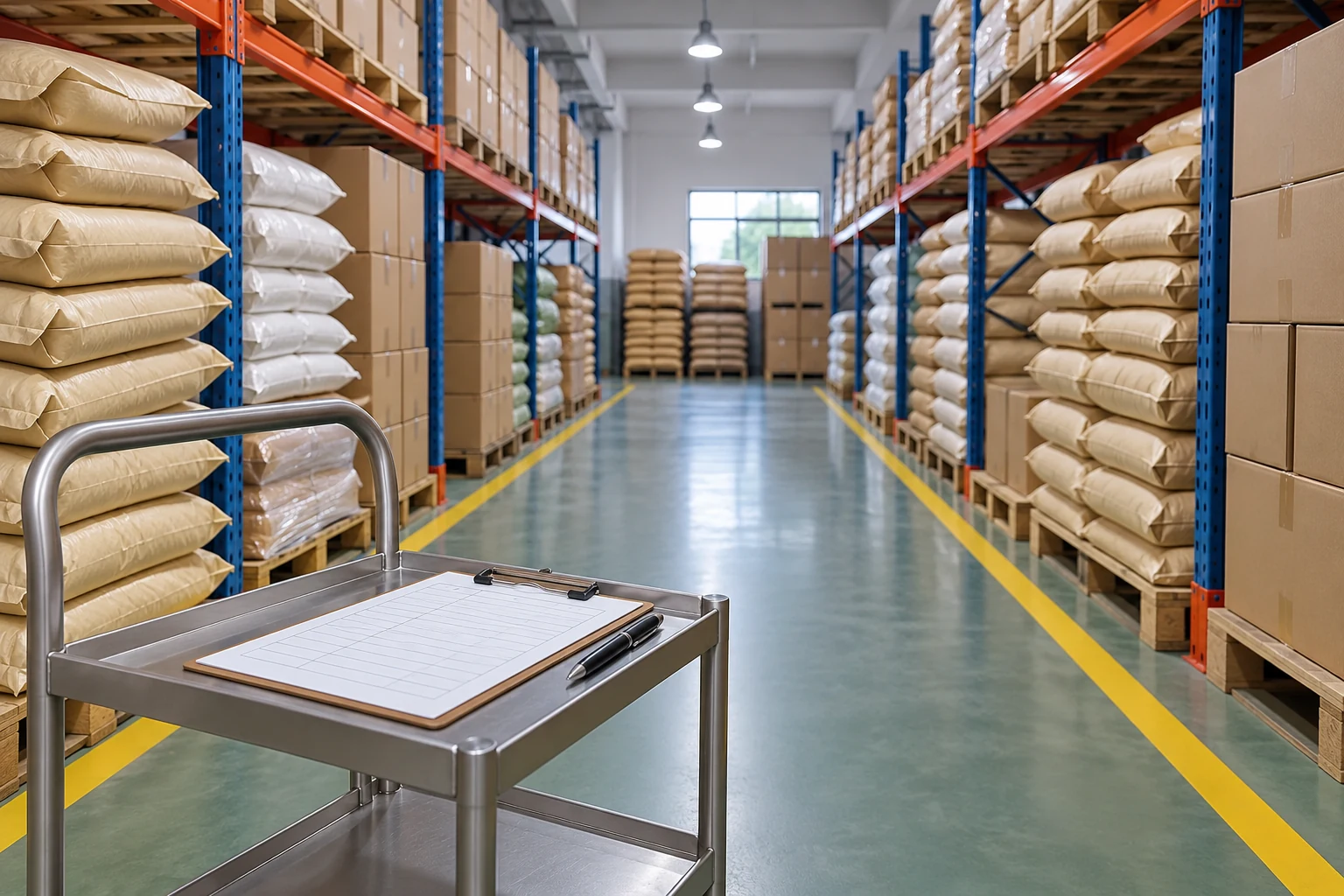 Warehouse sacks and cartons with a blank stock movement checklist in the foreground