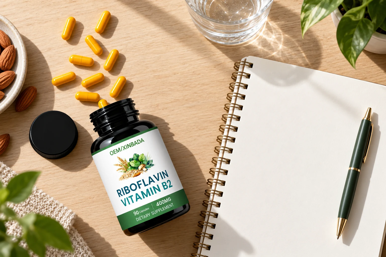 Riboflavin capsule bottle and detached cap beside a blank product review notebook