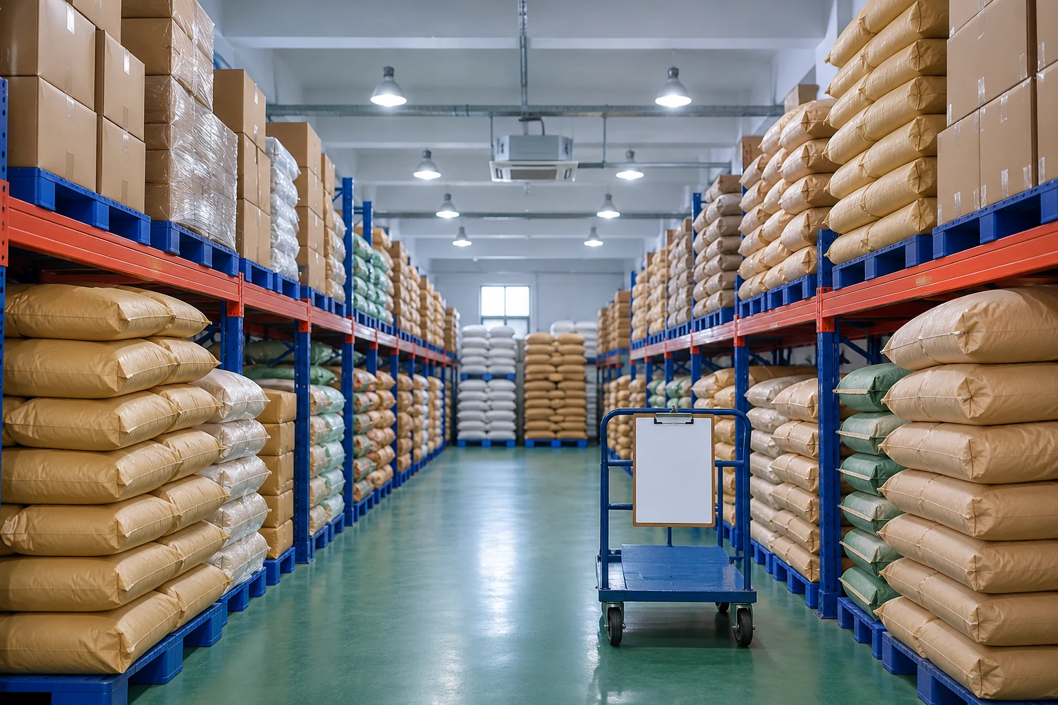 Illustrative organised warehouse with sealed materials and cartons for batch traceability discussion