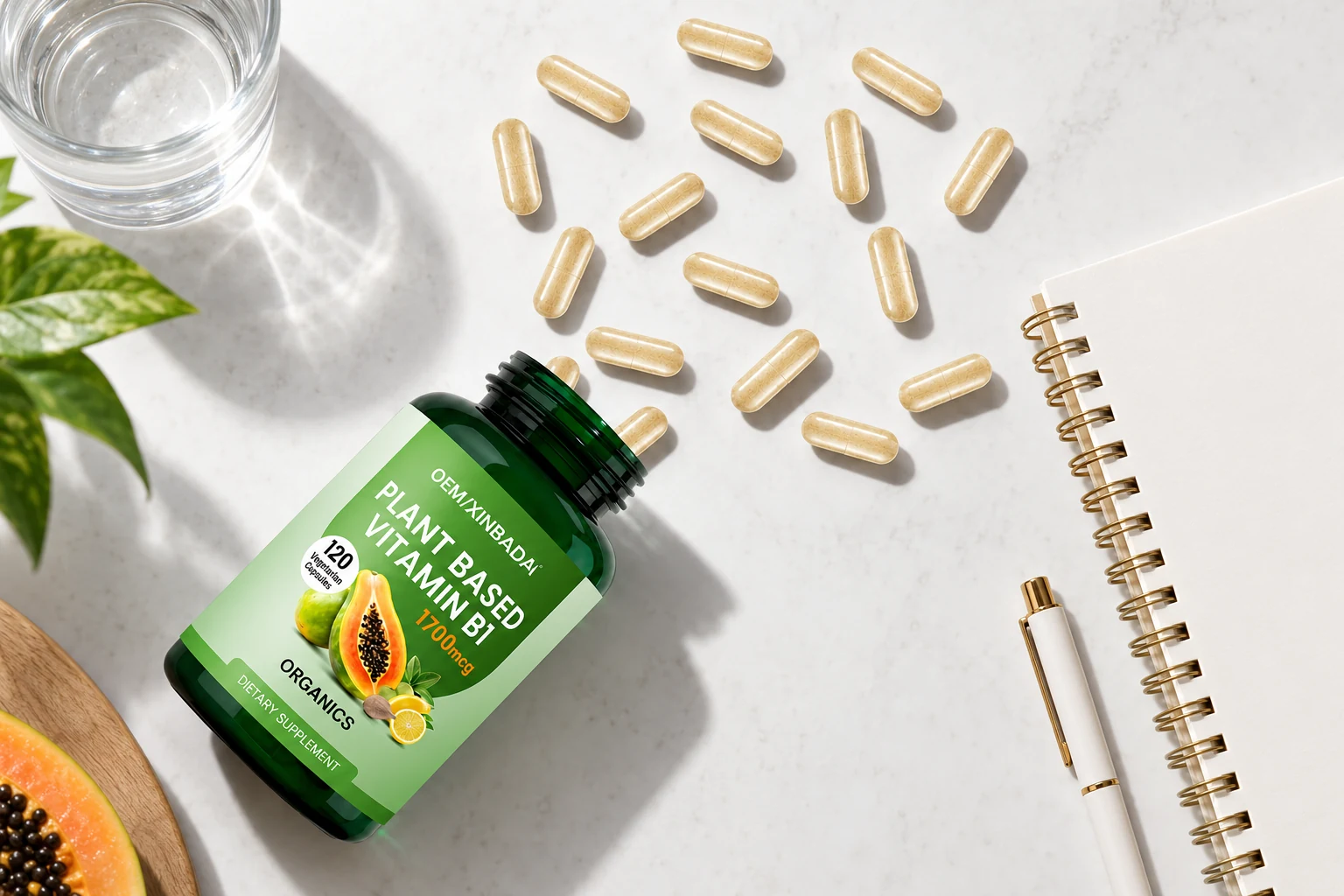 Vitamin B1 bottle and beige capsules illustrating product identity for manufacturing document review